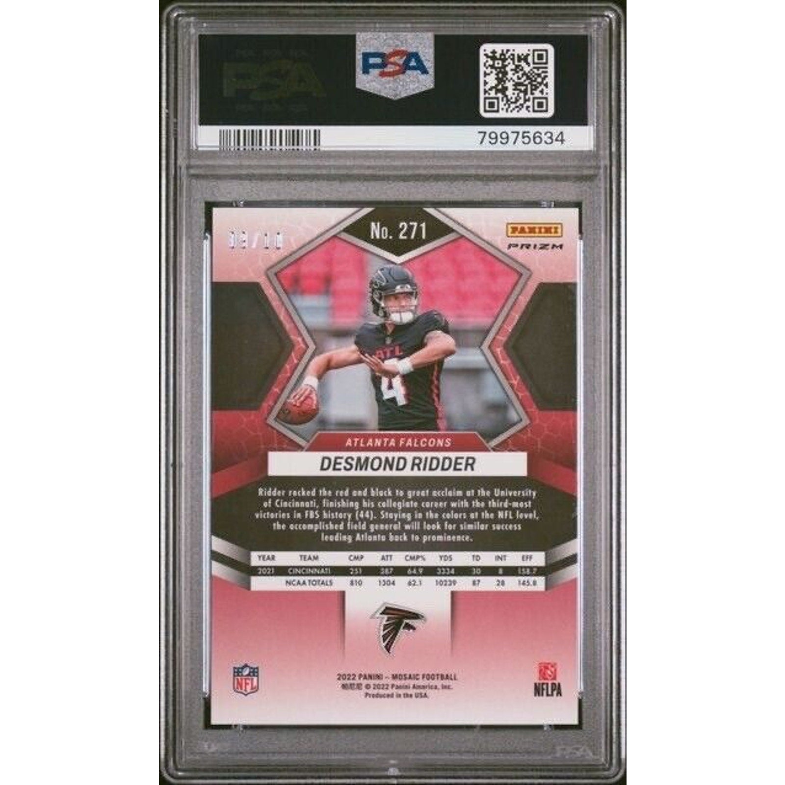 2022 Panini Mosaic No Huddle Desmond Ridder Gold /10 Rookie Psa 9 Mint RC NFL