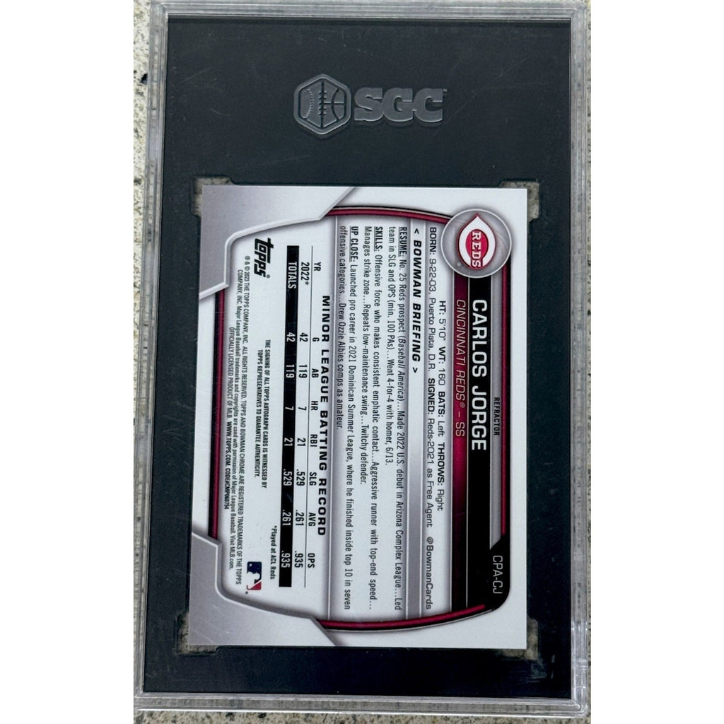 2023 Bowman Draft Carlos Jorge Chrome Auto Refractor 1st /499 Reds SGC 9.5 RC
