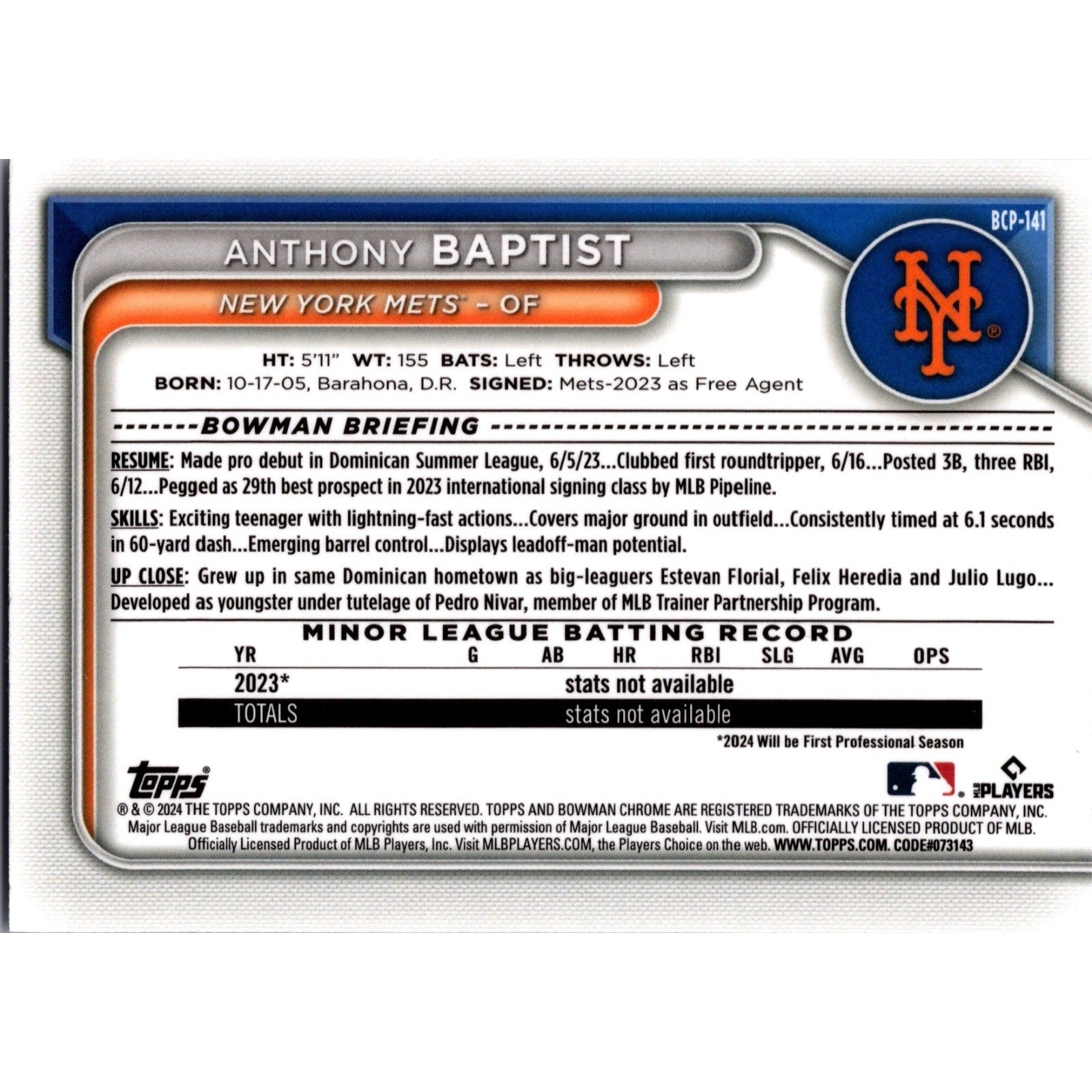 Anthony Baptist 2024 Bowman Chrome 1st #BCP-141 Purple Ray Wave Refractor /250