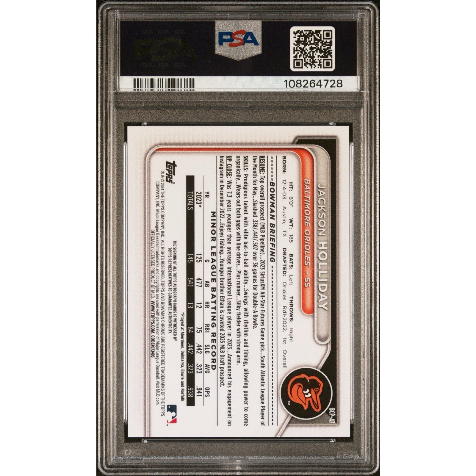 2024 Bowman Mega Box #BCP-47 Jackson Holliday Image Variation Auto /25 PSA 10