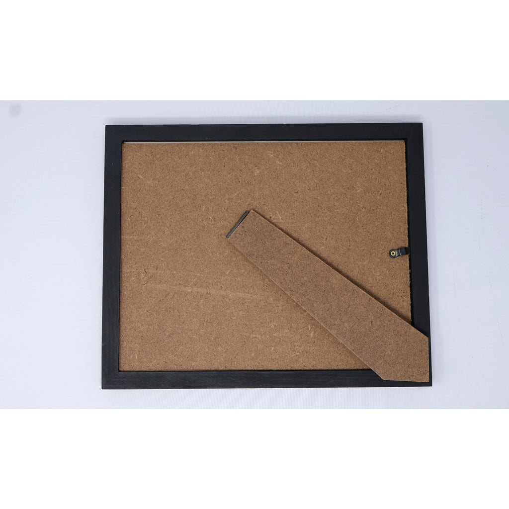 Backside of framed display with support stand and hanging hardware
