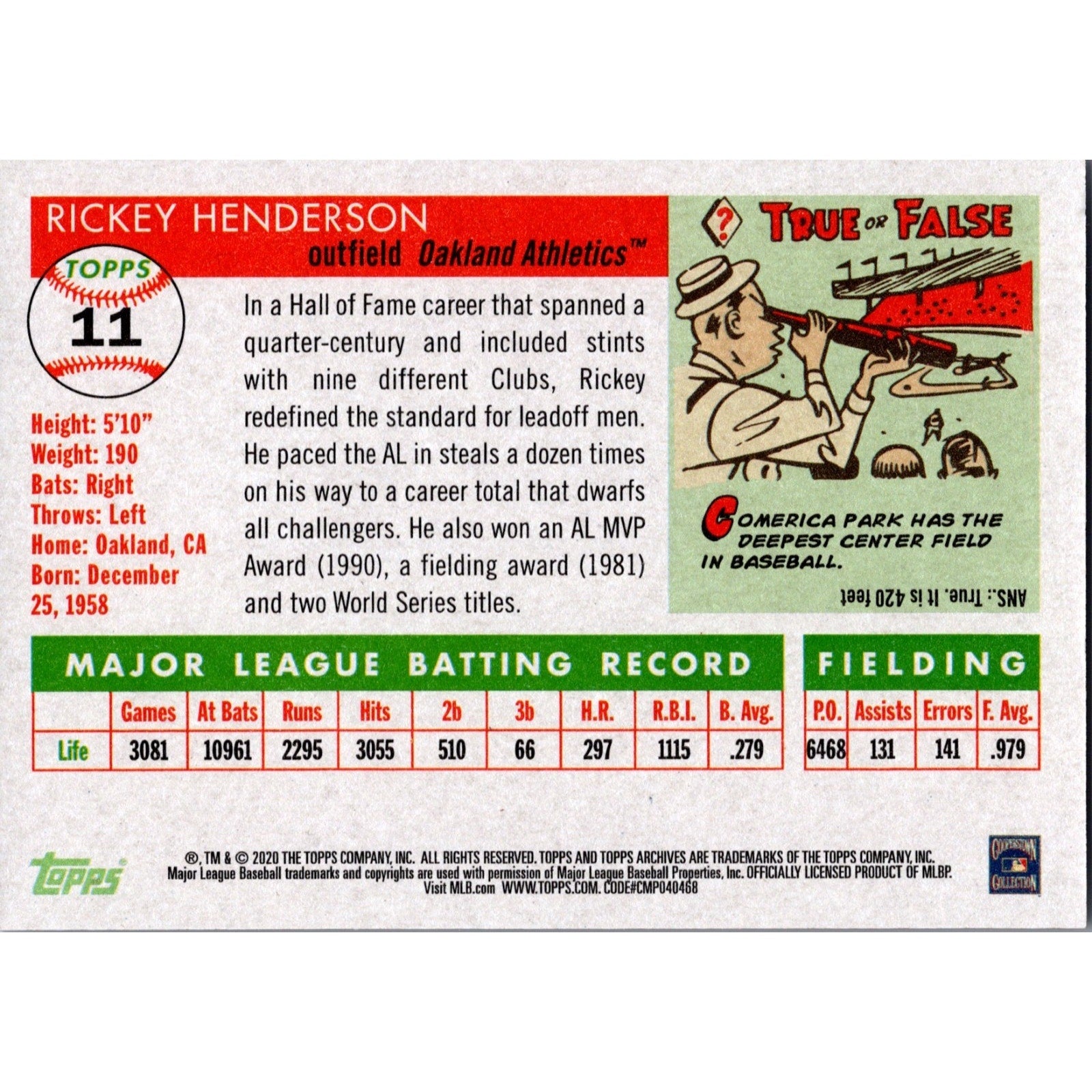 Back of 2020 Topps Archives #11 Rickey Henderson Purple Parallel baseball card serial numbered out of 175