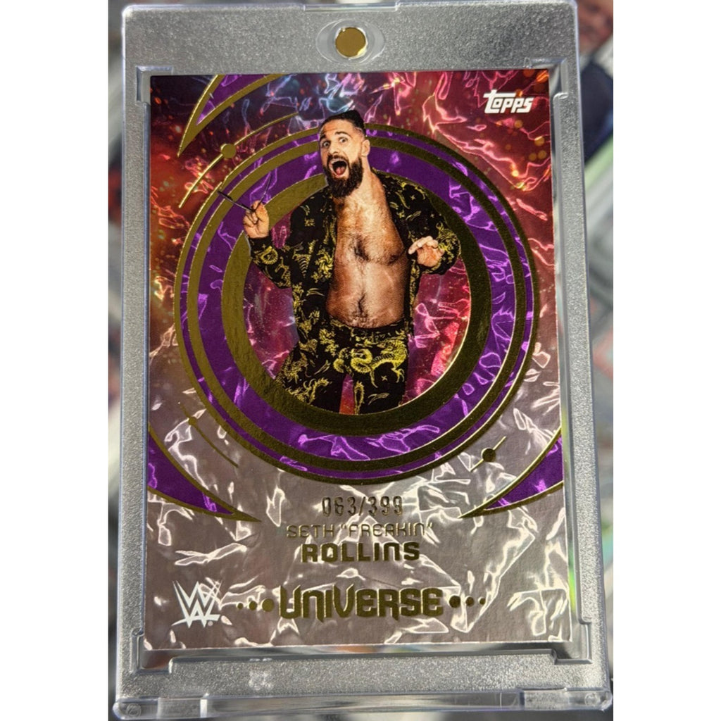 Angled front view of 2025 Topps WWE Universe Seth Rollins Purple Glass parallel card numbered to 399