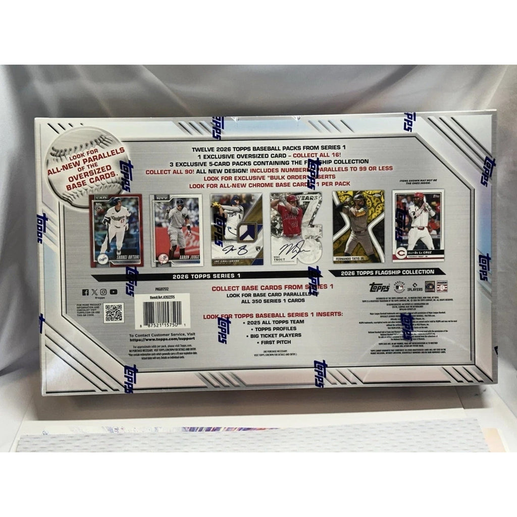 Back of 2026 Topps Flagship Collection MLB Baseball sealed box showing product contents and odds information