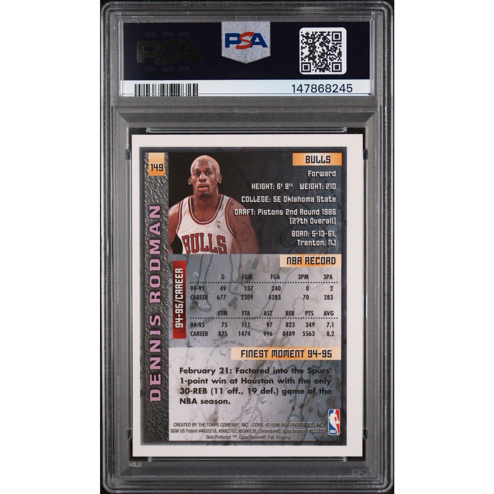 1995 DENNIS RODMAN FINEST REFRACTOR #149 PSA 8 BULLS HOF