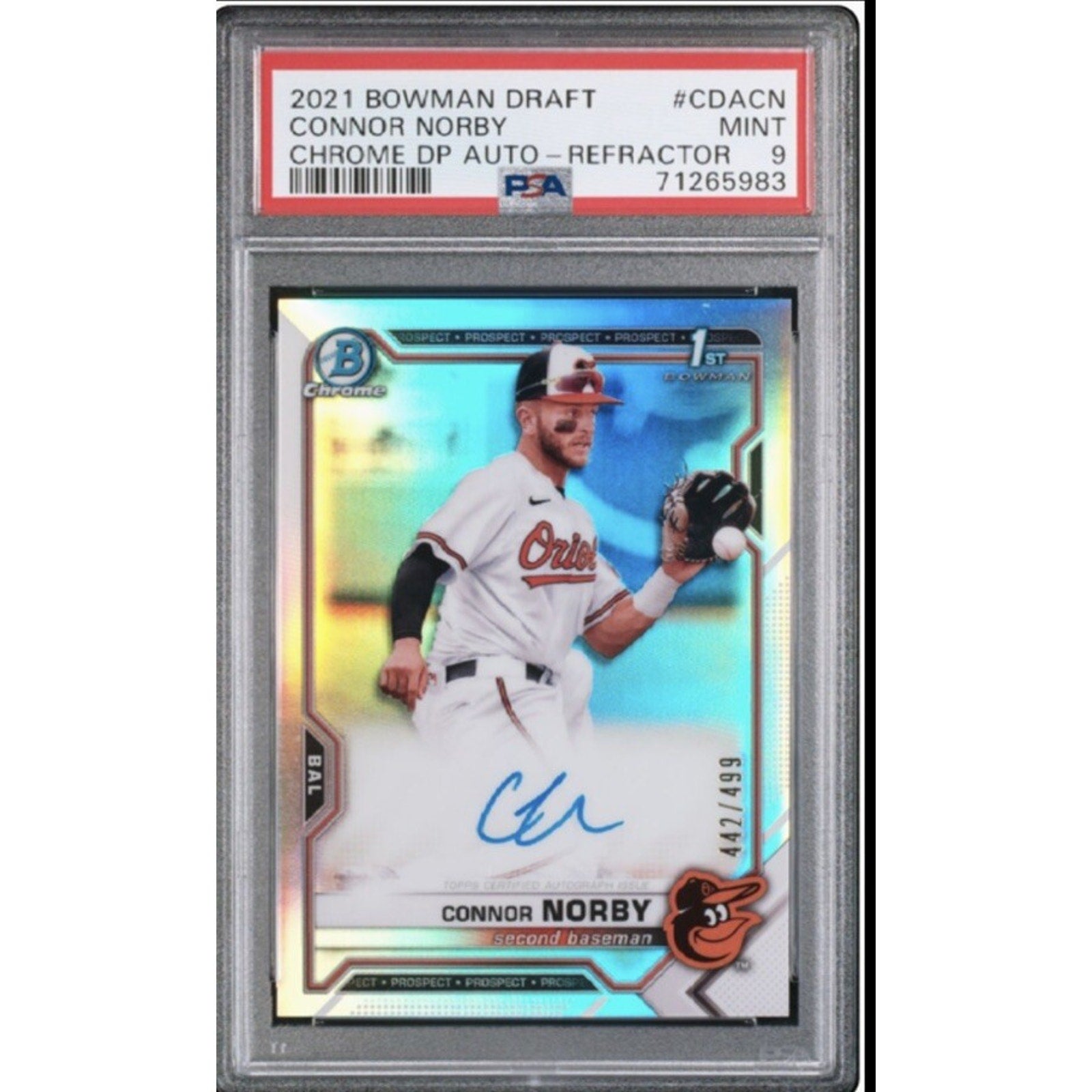 2021 1st Bowman Chrome Draft Connor Norby Refractor /499 PSA 9 Auto CDACN