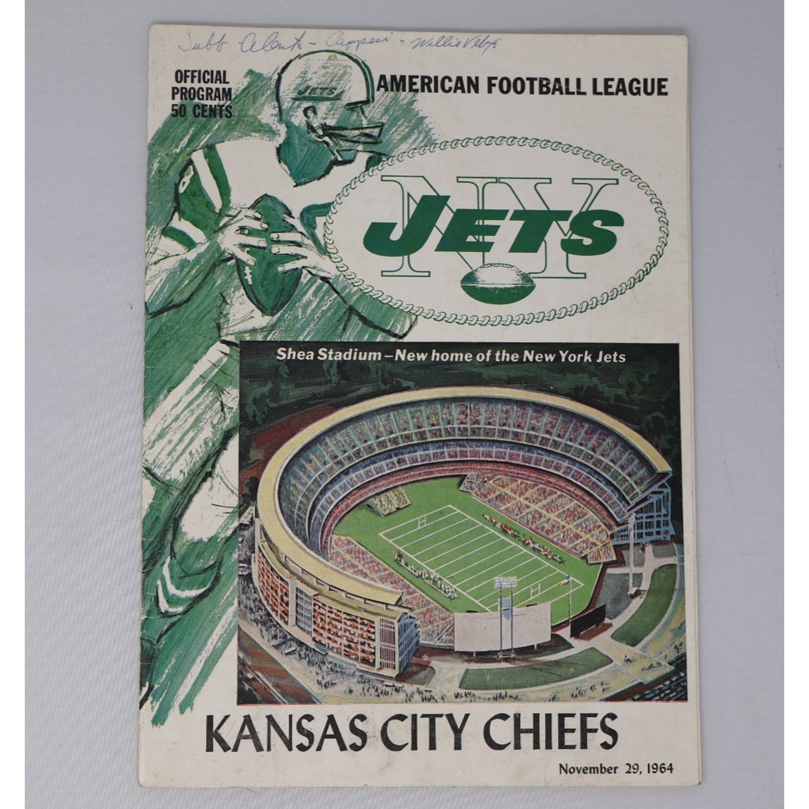 Afl New York Jets Vs KC 11-29-1964 Gameday Program Writing On Cover Historic
