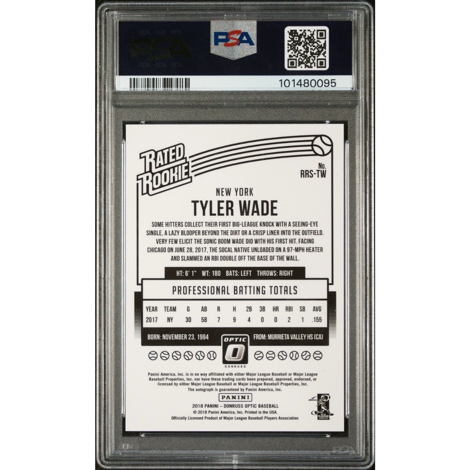2018 PANINI TYLER WADE DONRUSS OPTIC RATED ROOKIE SIGNATURES TW Yankees PSA 9
