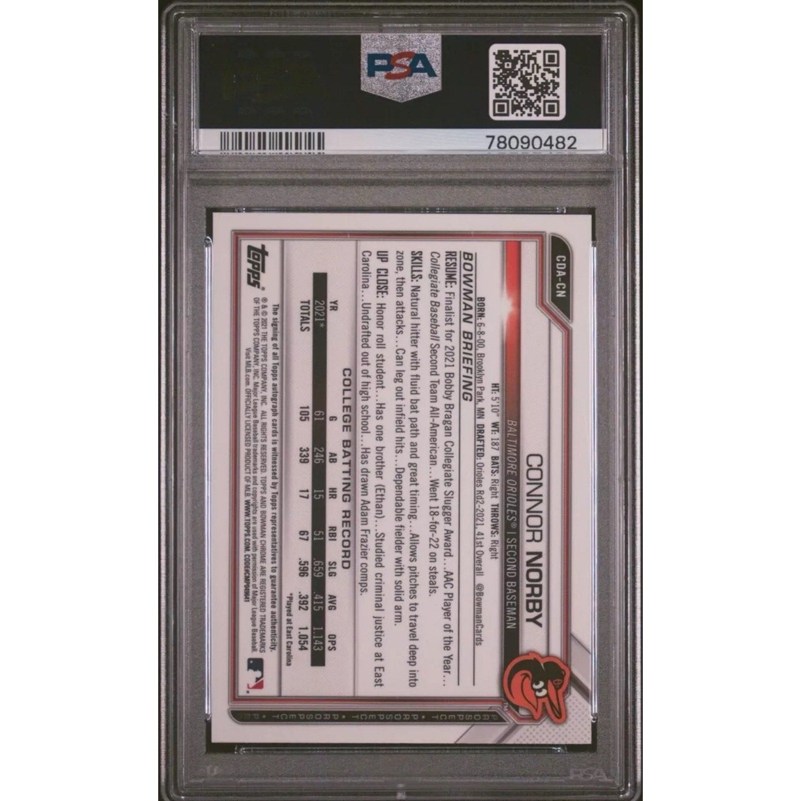 2021 Bowman Draft Connor Norby Auto Blue Wave Refractor /150 PSA 10 Chrome CDACN