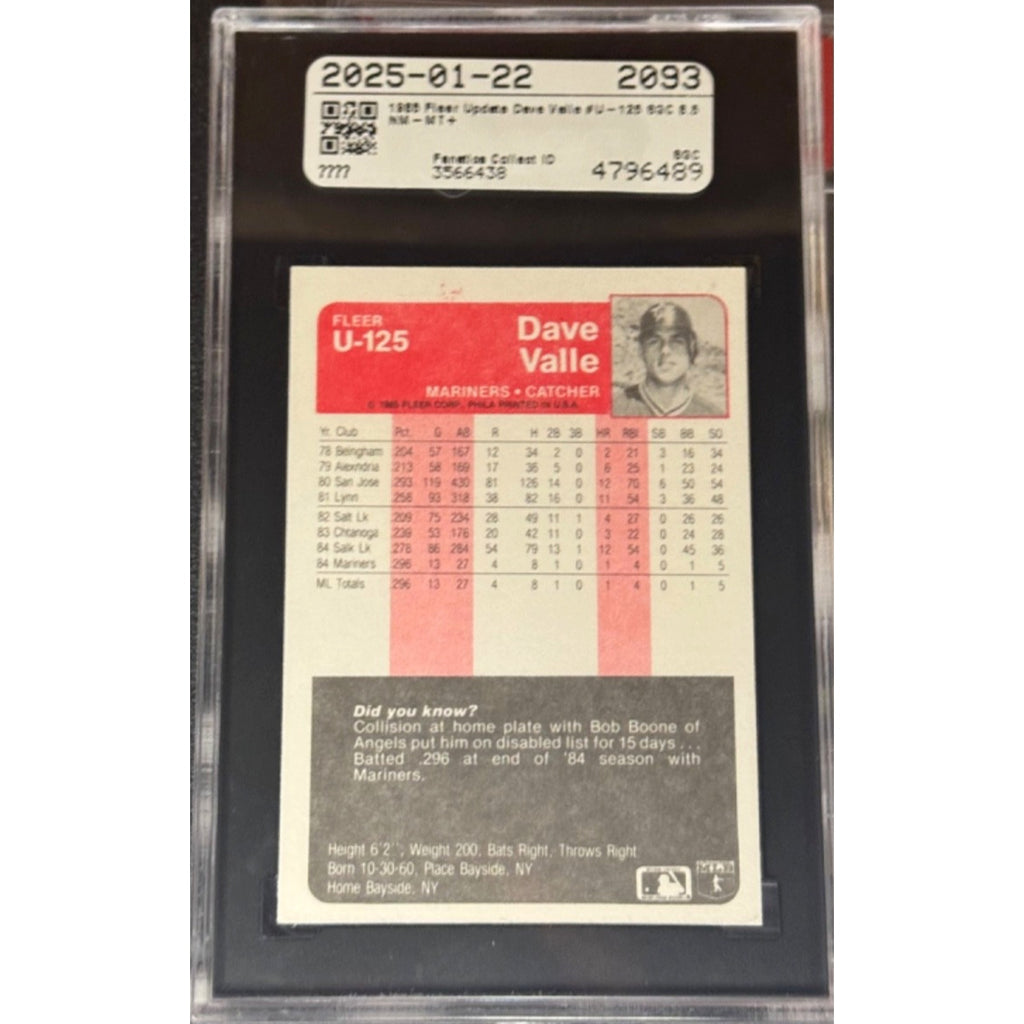 1985 Fleer Update #U-125 Dave Valle Seattle Mariners SGC 8.5 Near Mint Vintage