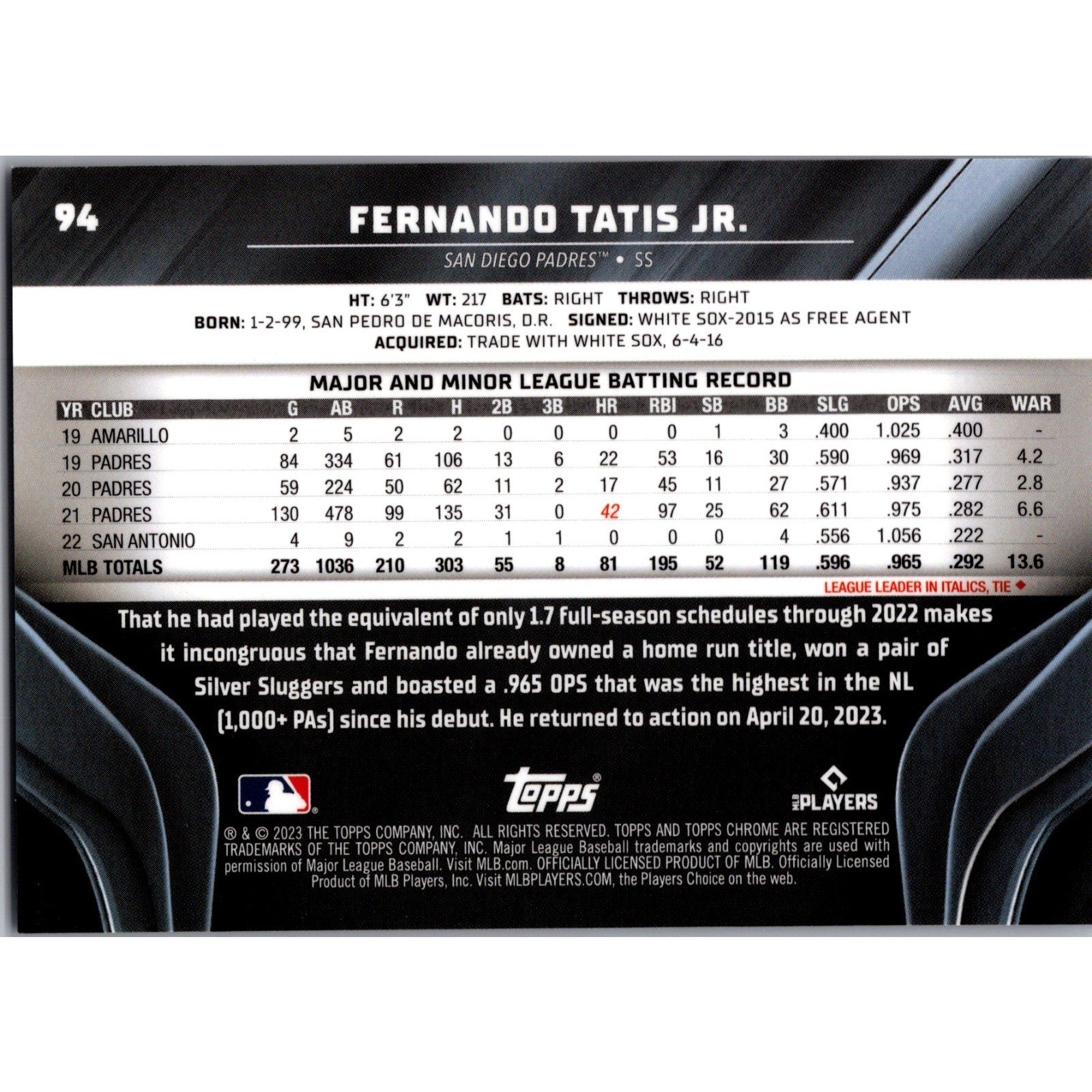 Fernando Tatis Jr. 2023 Topps Chrome Black Orange Refractor #94 /25 Mint