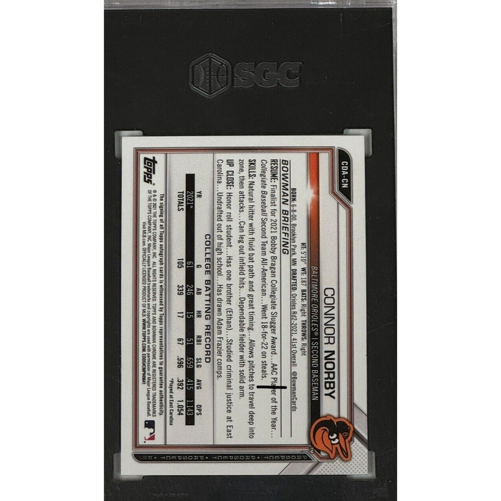 2021 1st Bowman Draft Chrome Connor Norby Aqua Refractor Auto /199 CDACN SGC 10