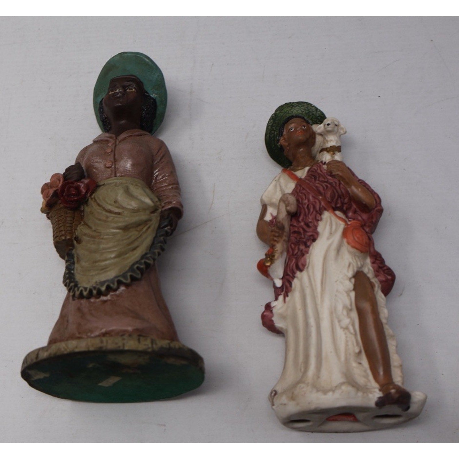 Vintage Folk Art Lady Figurines Lot 2 Woman With Lamb & Flower Basket Decor
