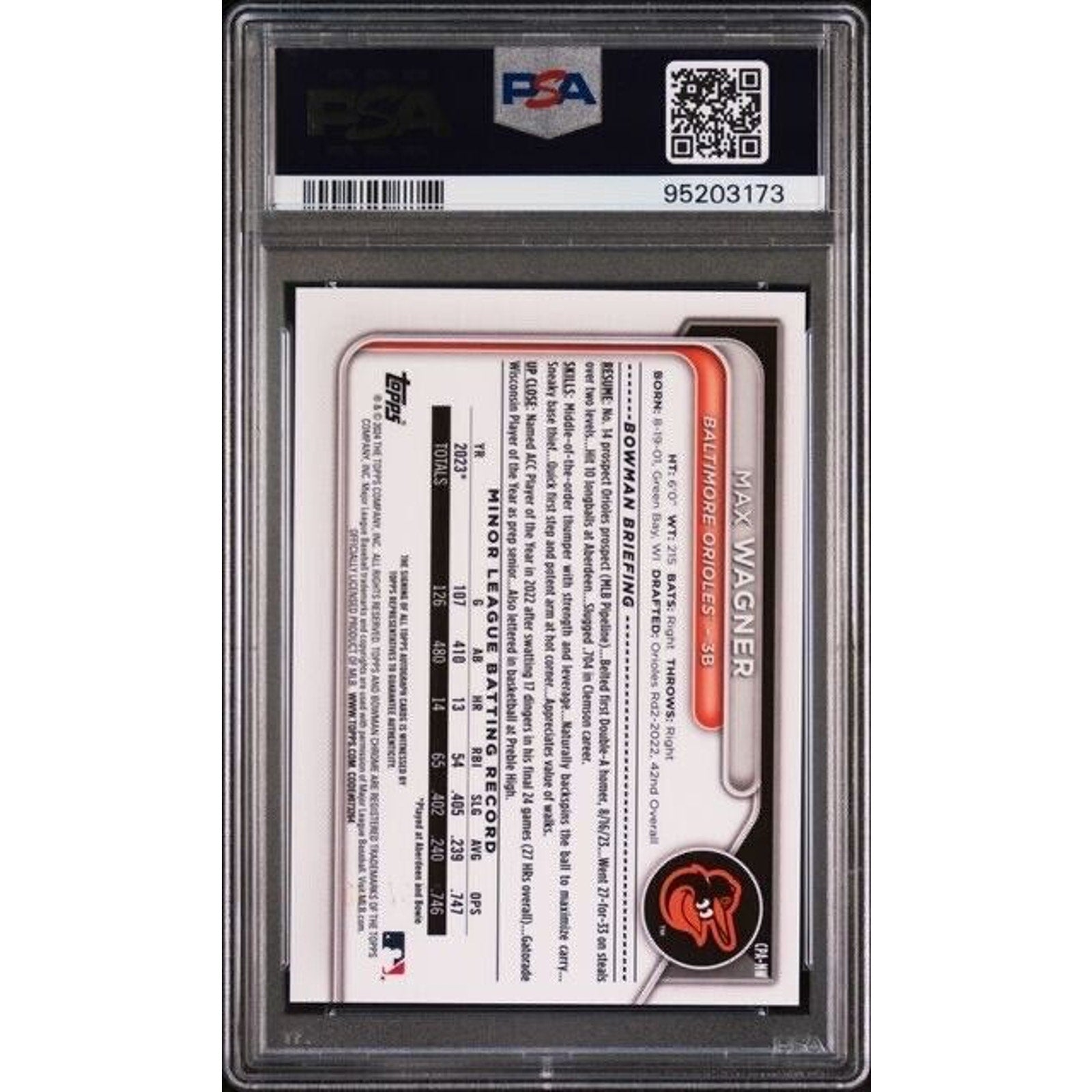 Max Wagner 2024 Bowman Chrome Purple Refractor Auto /250 Psa 10 Rookie ORIOLES