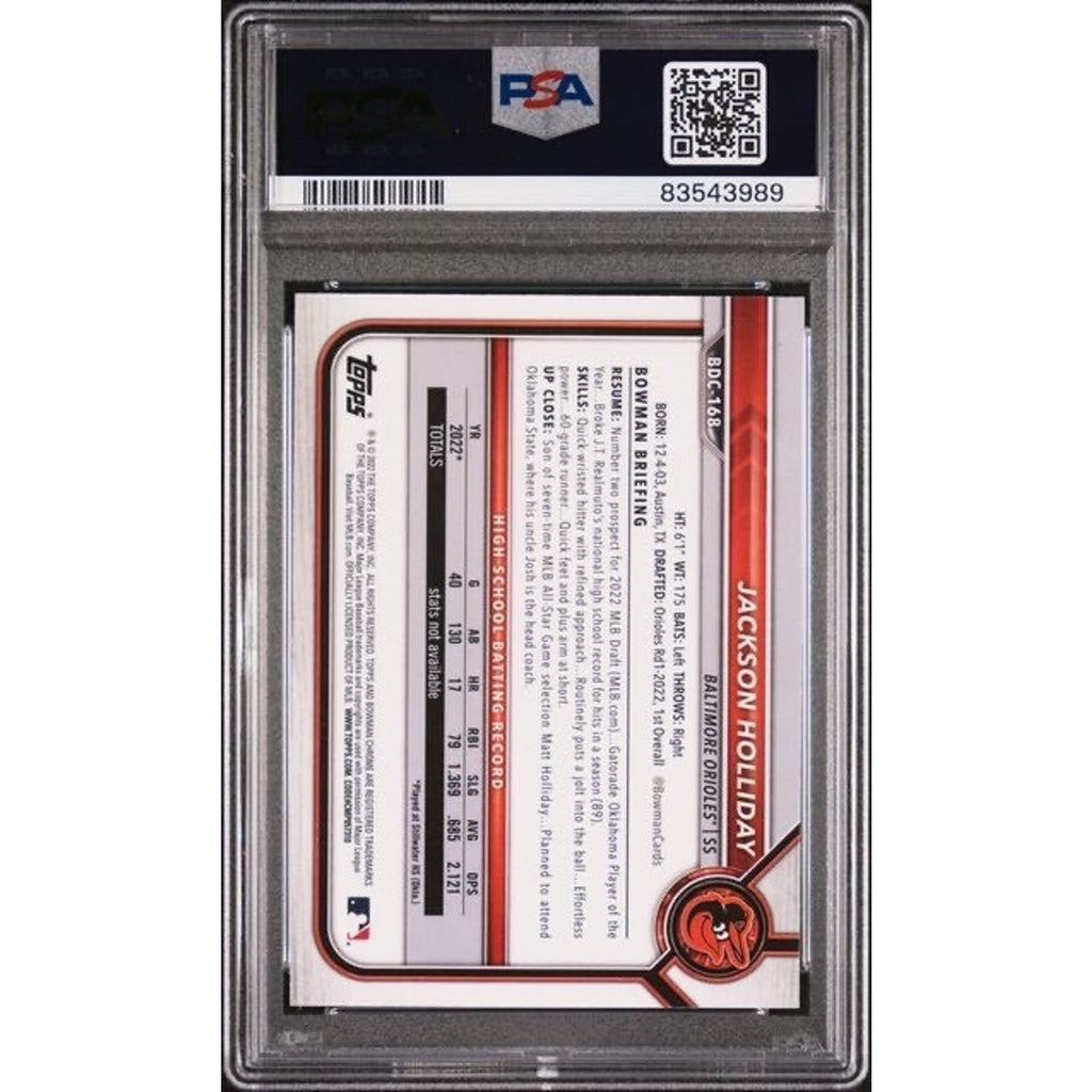 Jackson Holliday 2022 1st Bowman Draft Chrome BDC168 PSA Mint 9 DNA Auto Orioles