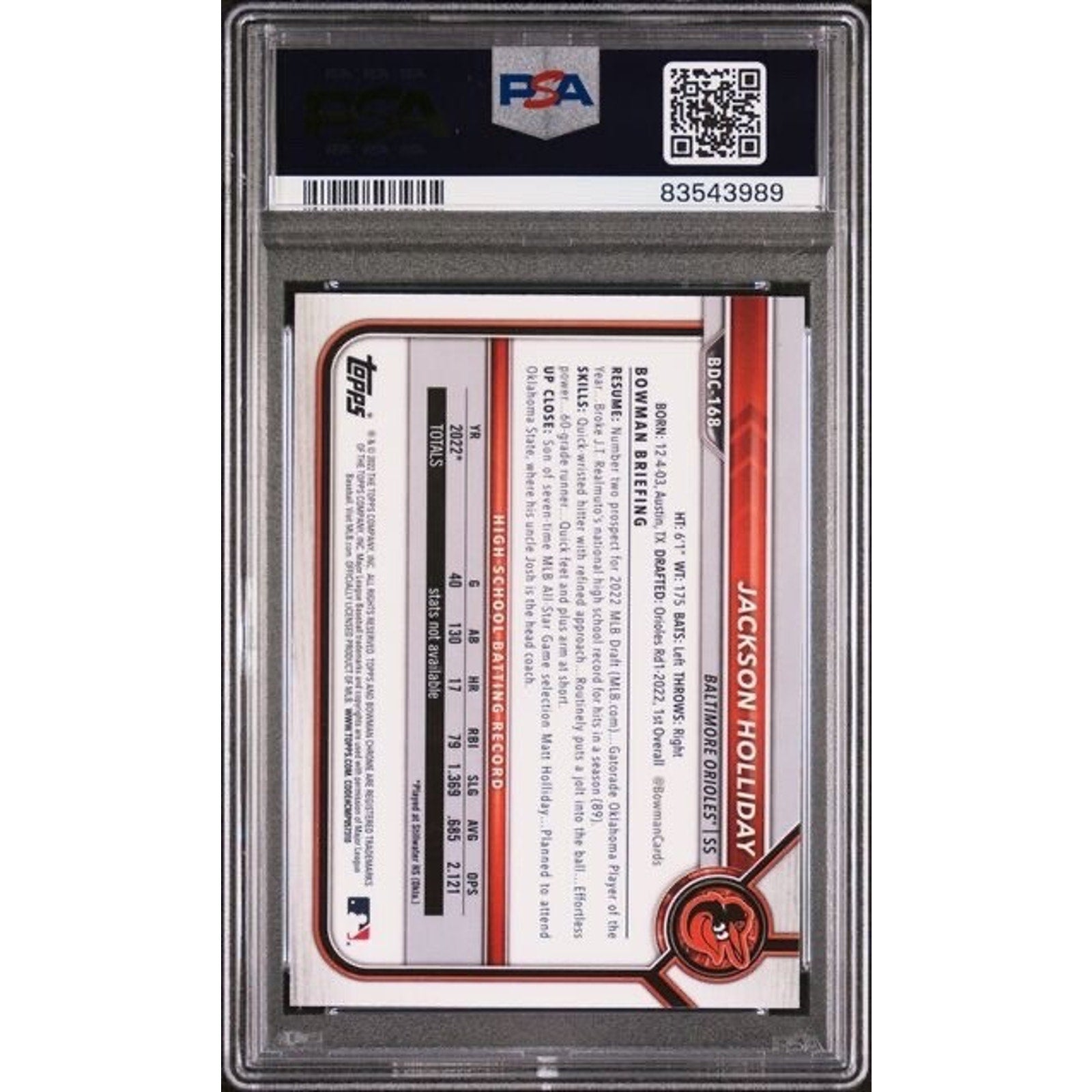 Jackson Holliday 2022 1st Bowman Draft Chrome BDC168 PSA Mint 9 DNA Auto Orioles