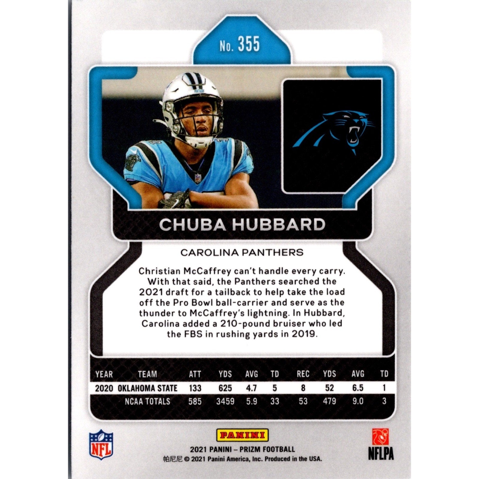 Chuba Hubbard 2021 Panini Prizm - Rookie 355 Prizm (RC)