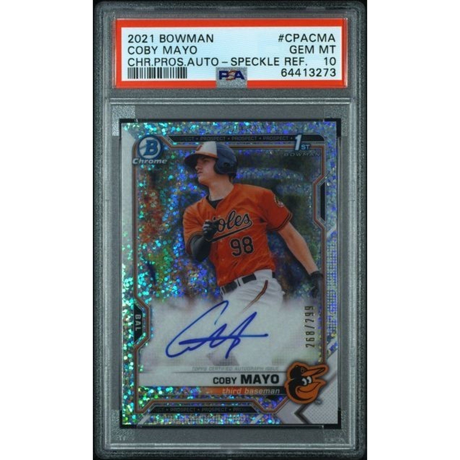 2021 Bowman Chrome Prospects Coby Mayo Speckle Ref /299 #CPA-CMA Auto PSA 10