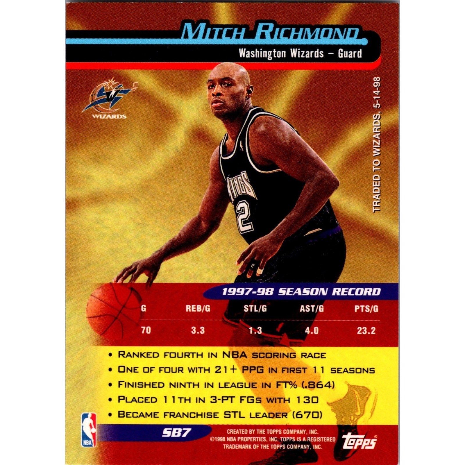 Mitch Richmond 1998-1999 Topps Season's Best #SB7 Bombardiers Kings Wizards HOF