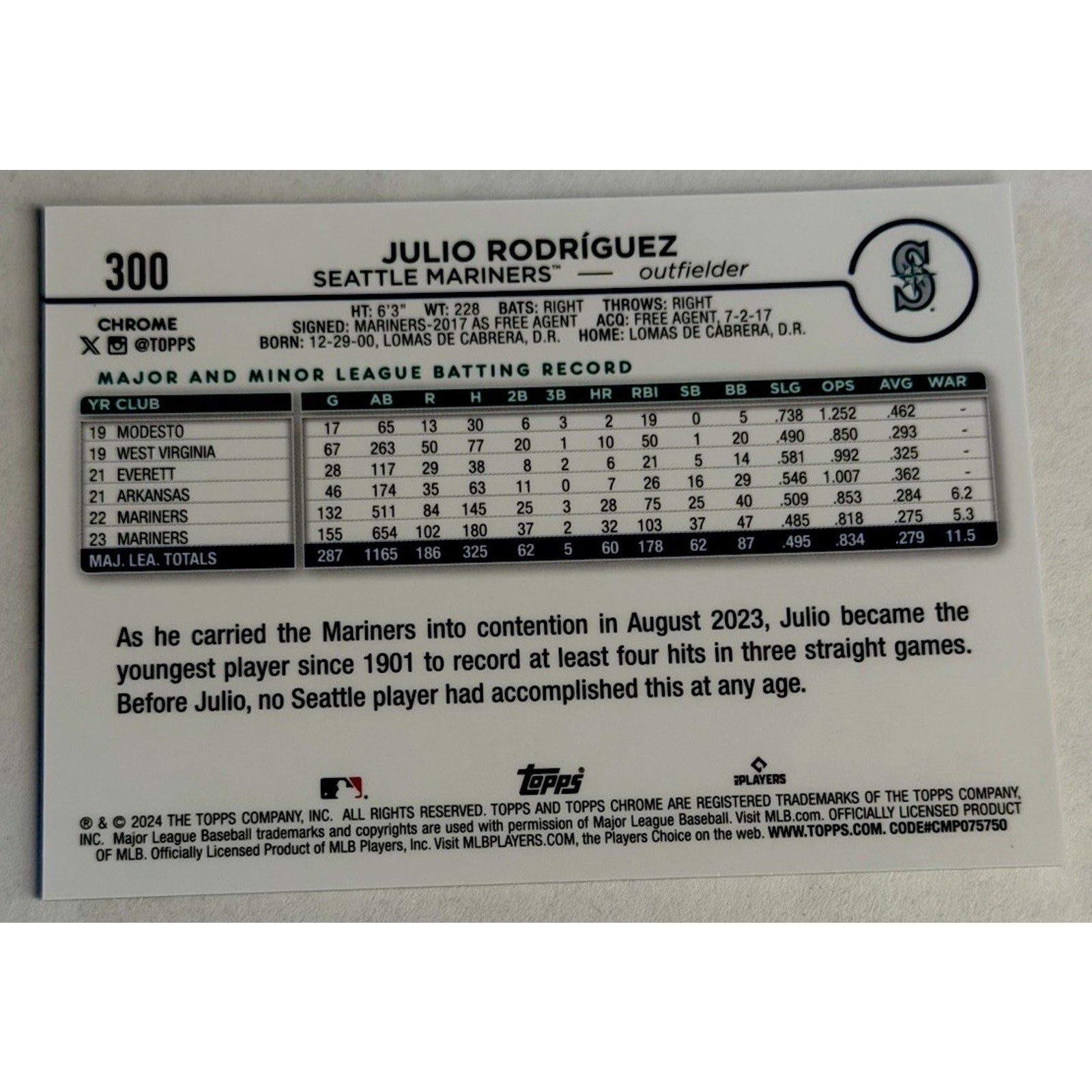 JULIO RODRIGUEZ 2024 Topps Chrome PHOTO VARIATION REFRACTOR SP Mariners #300