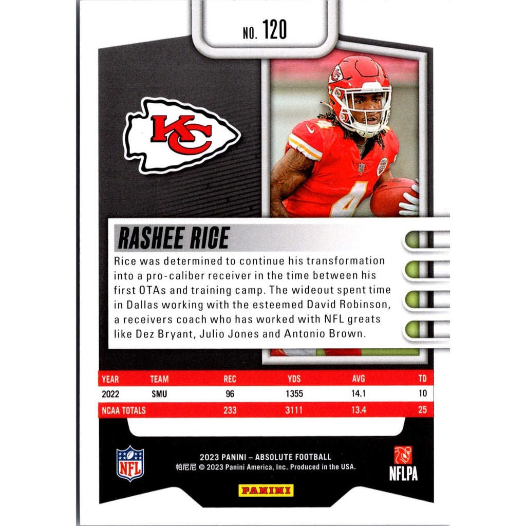 Rashee Rice 2023 Panini Absolute Football Card RC Rookie Kansas City Chiefs #120