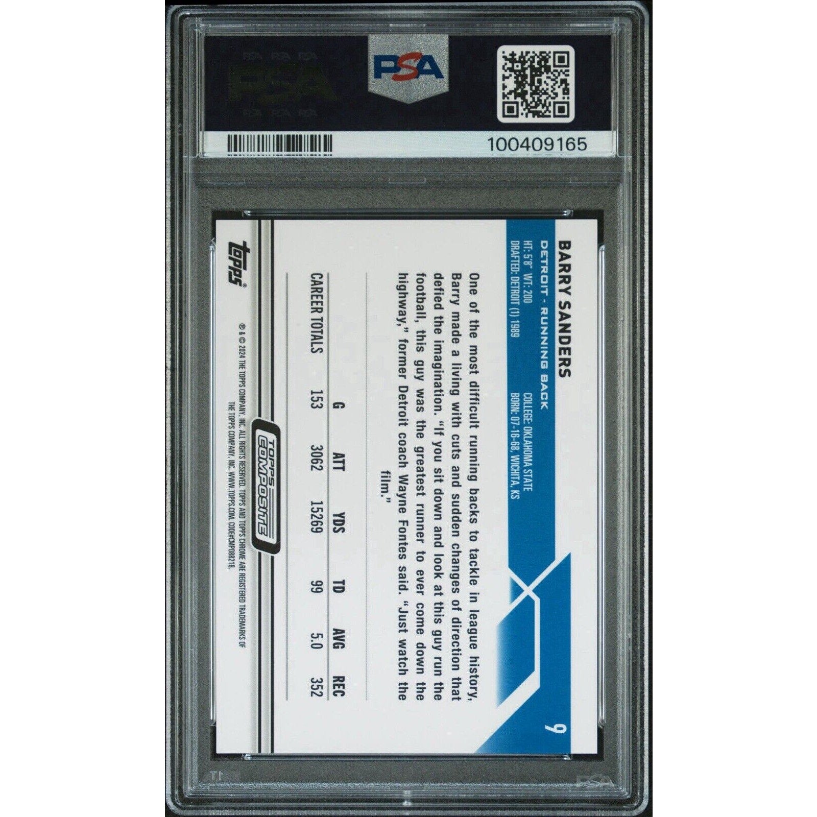 Barry Sanders 2023 Topps Composite Blue Wave Refractor /75 Lions PSA 9 Mint #9