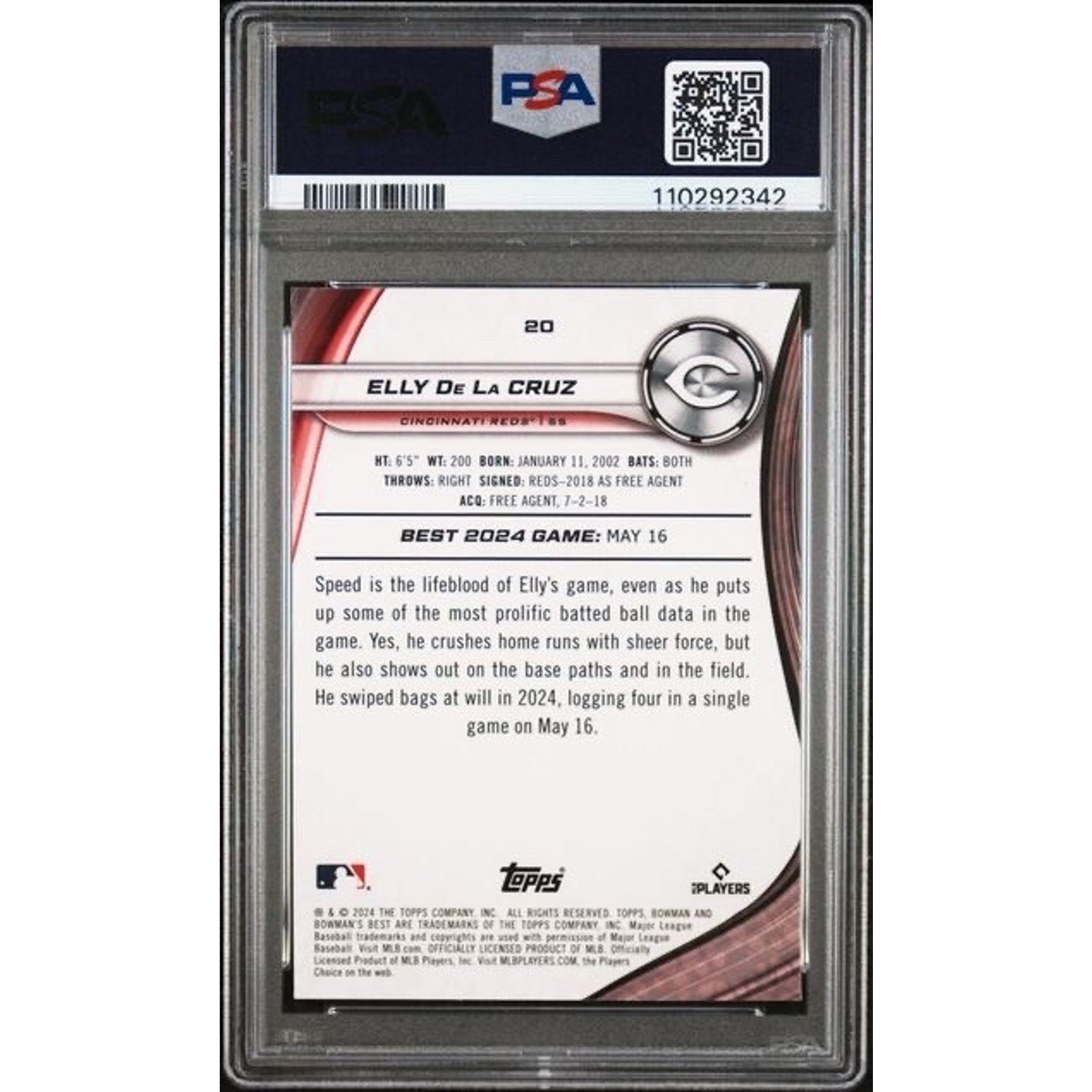 2024 BOWMAN'S BEST #20 ELLY DE LA CRUZ PSA 10 Gem Mint Rookie RC Cincinnati Reds