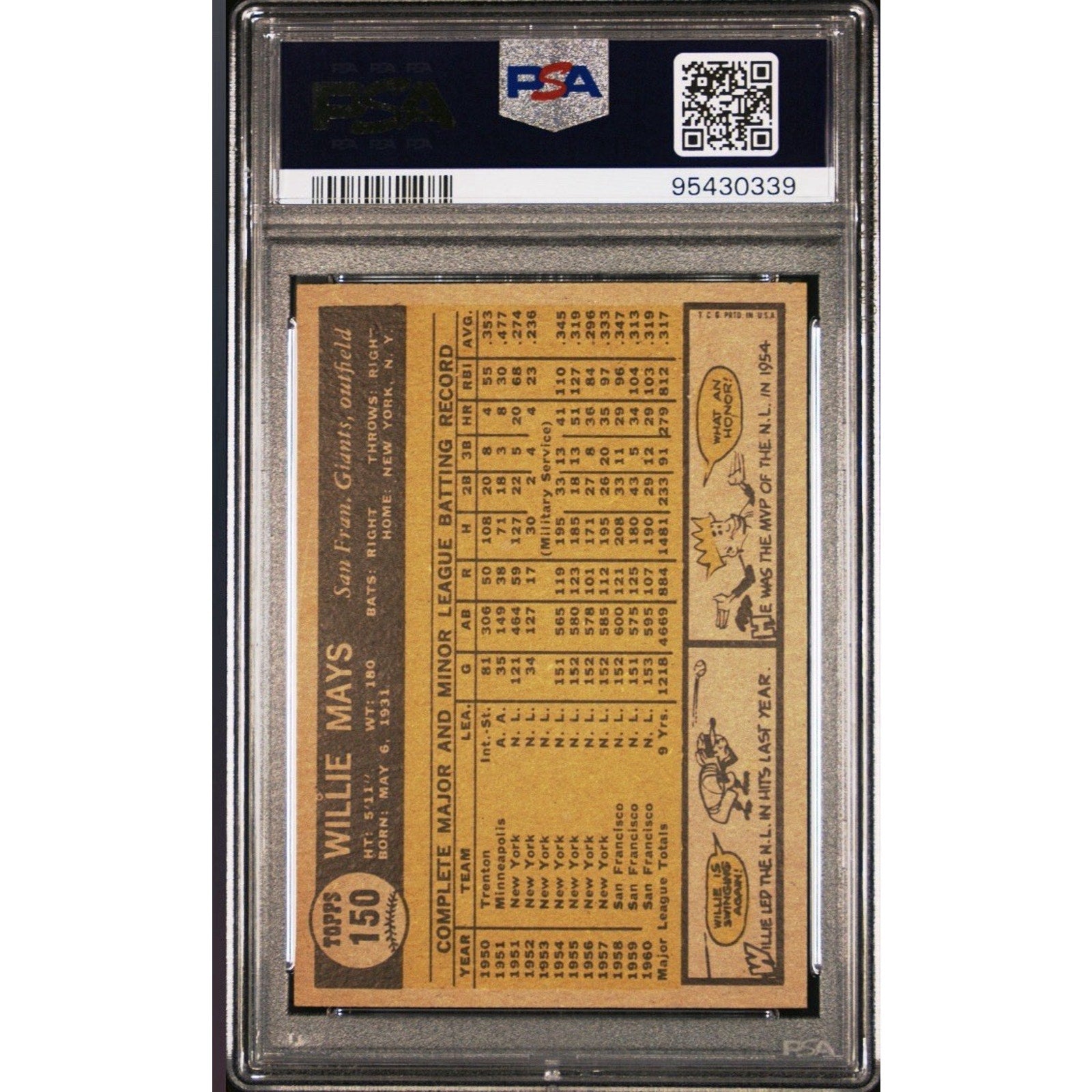 1961 Topps Willie Mays #150 PSA 6 EX-MT HOF Giants