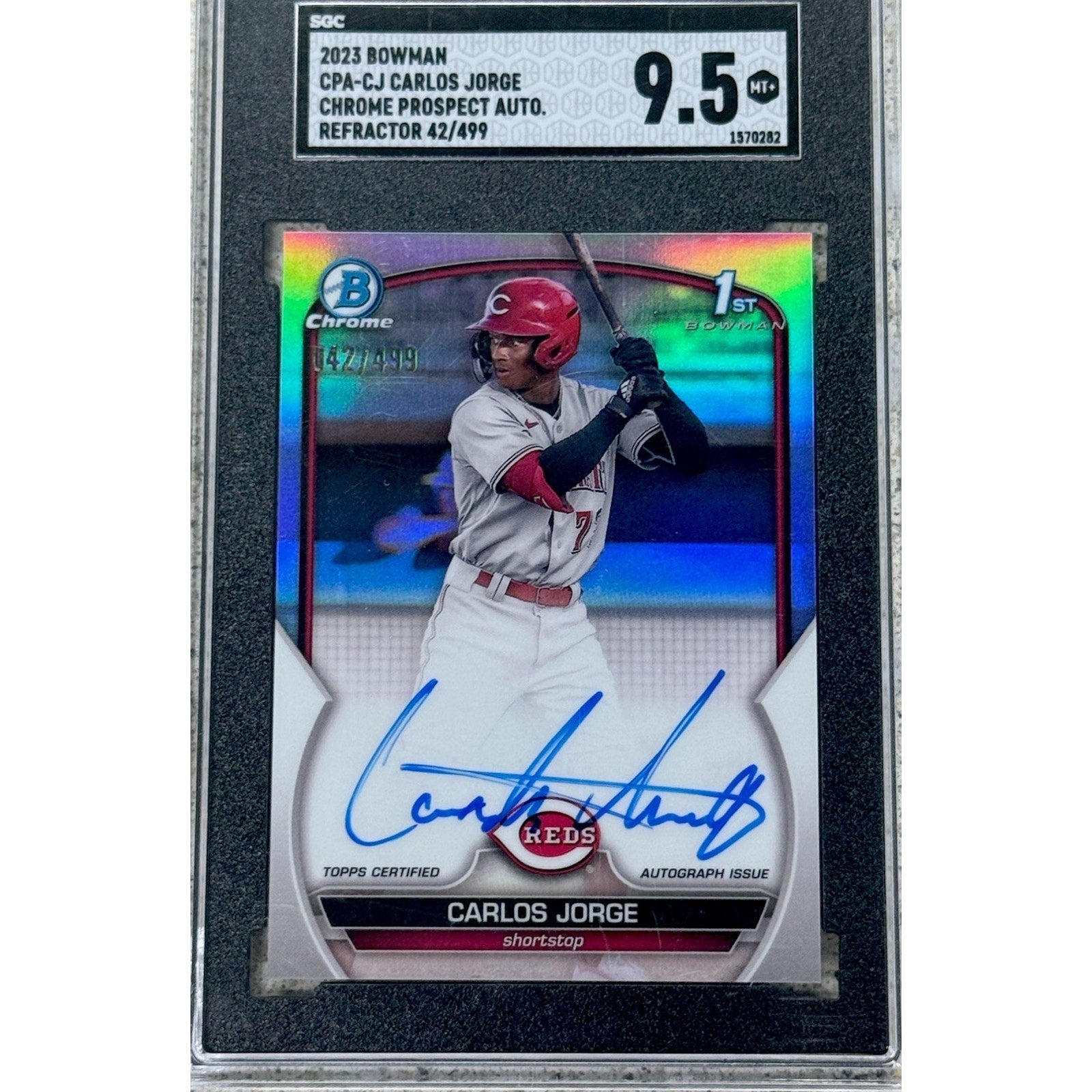 2023 Bowman Draft Carlos Jorge Chrome Auto Refractor 1st /499 Reds SGC 9.5 RC