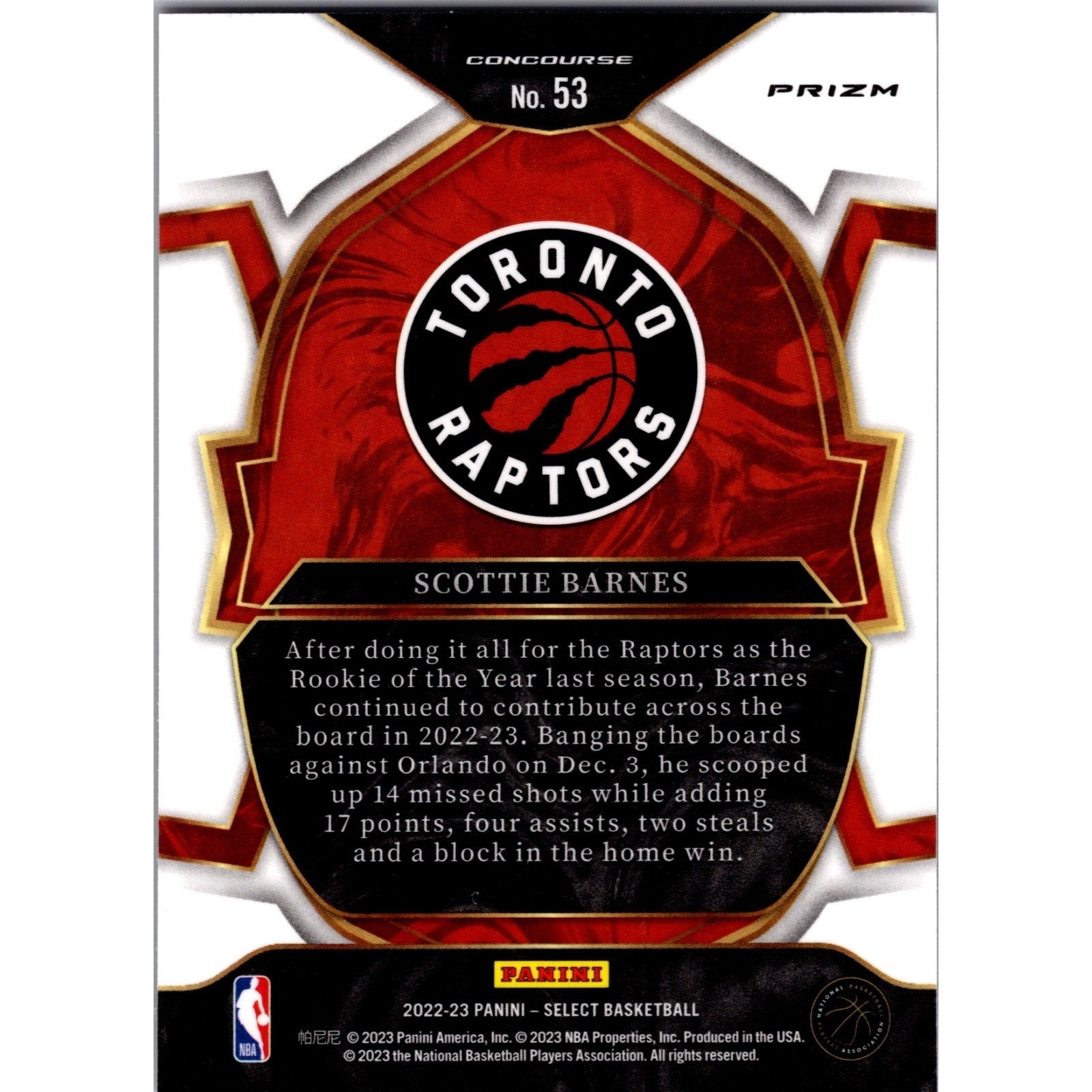 Scottie Barnes 2022-23 Panini Select Red Cracked Ice Prizm #53 Mint