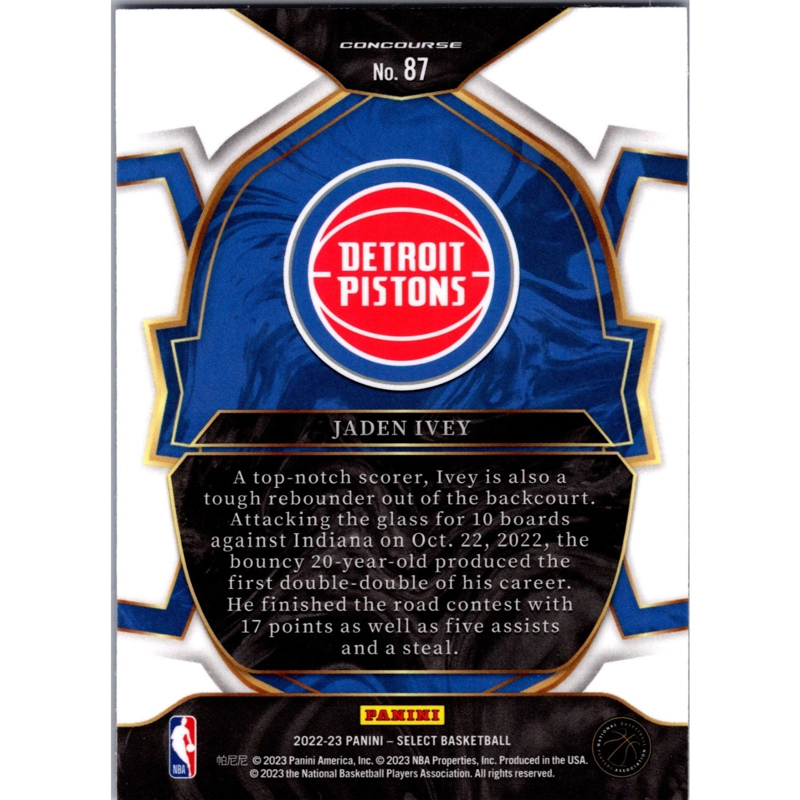 JADEN IVEY #87 2022-23 PANINI SELECT RC BLUE PRIZM DETROIT PISTONS