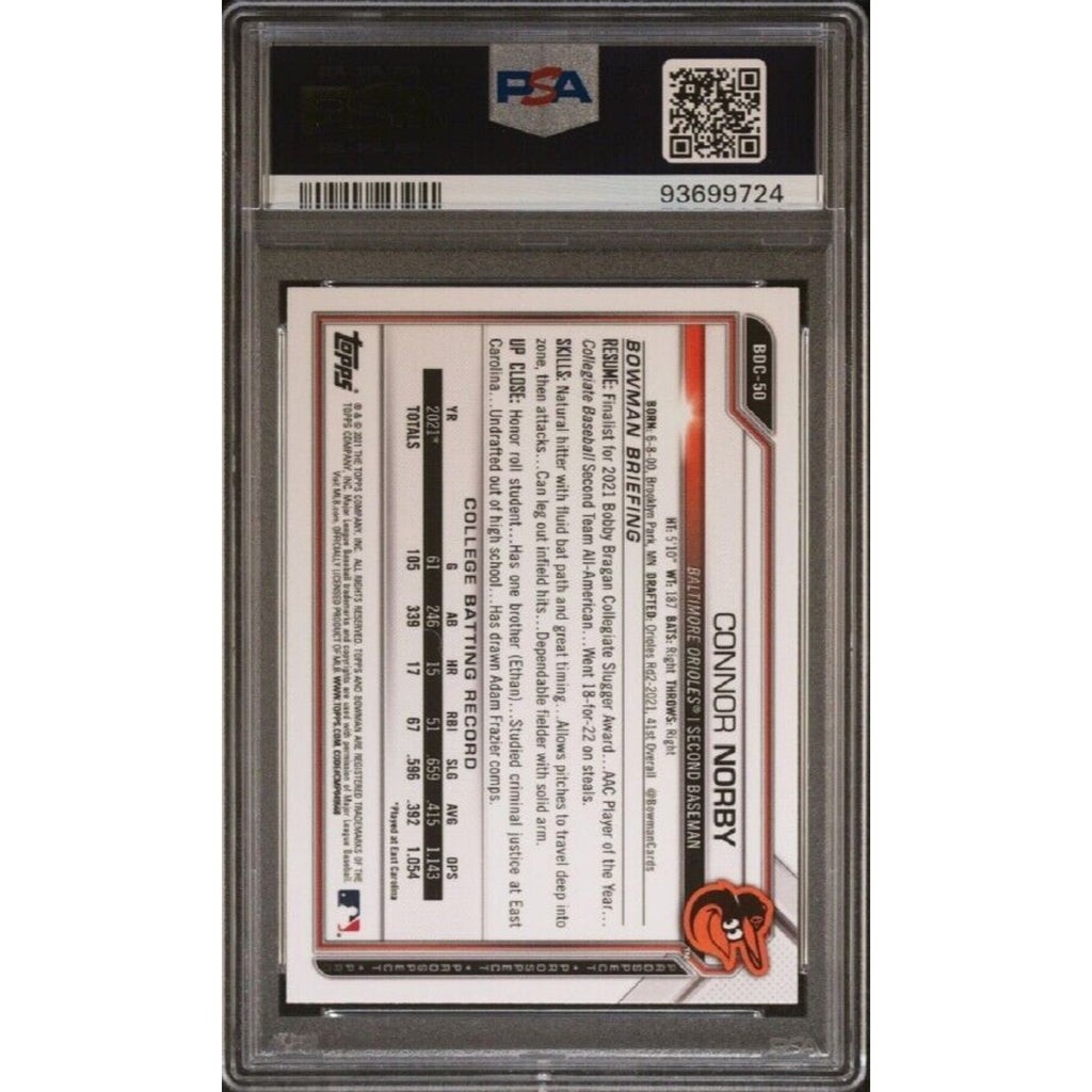 2021 1st Bowman Chrome Connor Norby Sky Blue Refractor #BDC50 PSA 9 Rookie RC