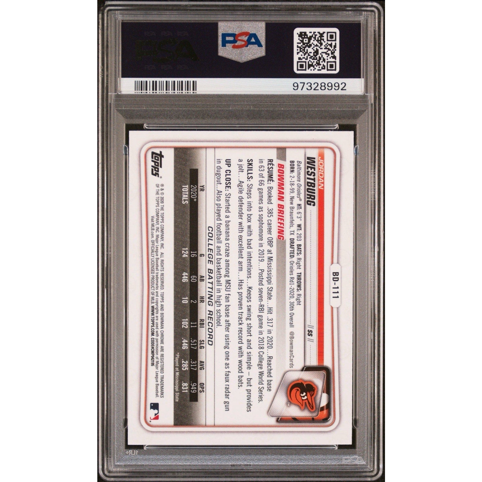 Jordan Westburg 2020 Bowman Draft 1st Chrome PSA 9 DNA Auto 10 Rookie #BD111