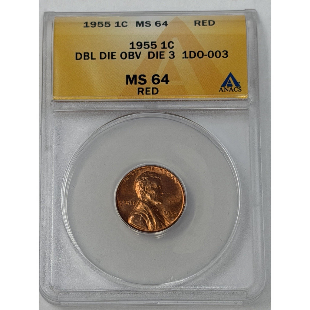 1955 Doubled Die Obverse Lincoln Cent ANACS MS 64 RED DDO Die 3 1DO-003