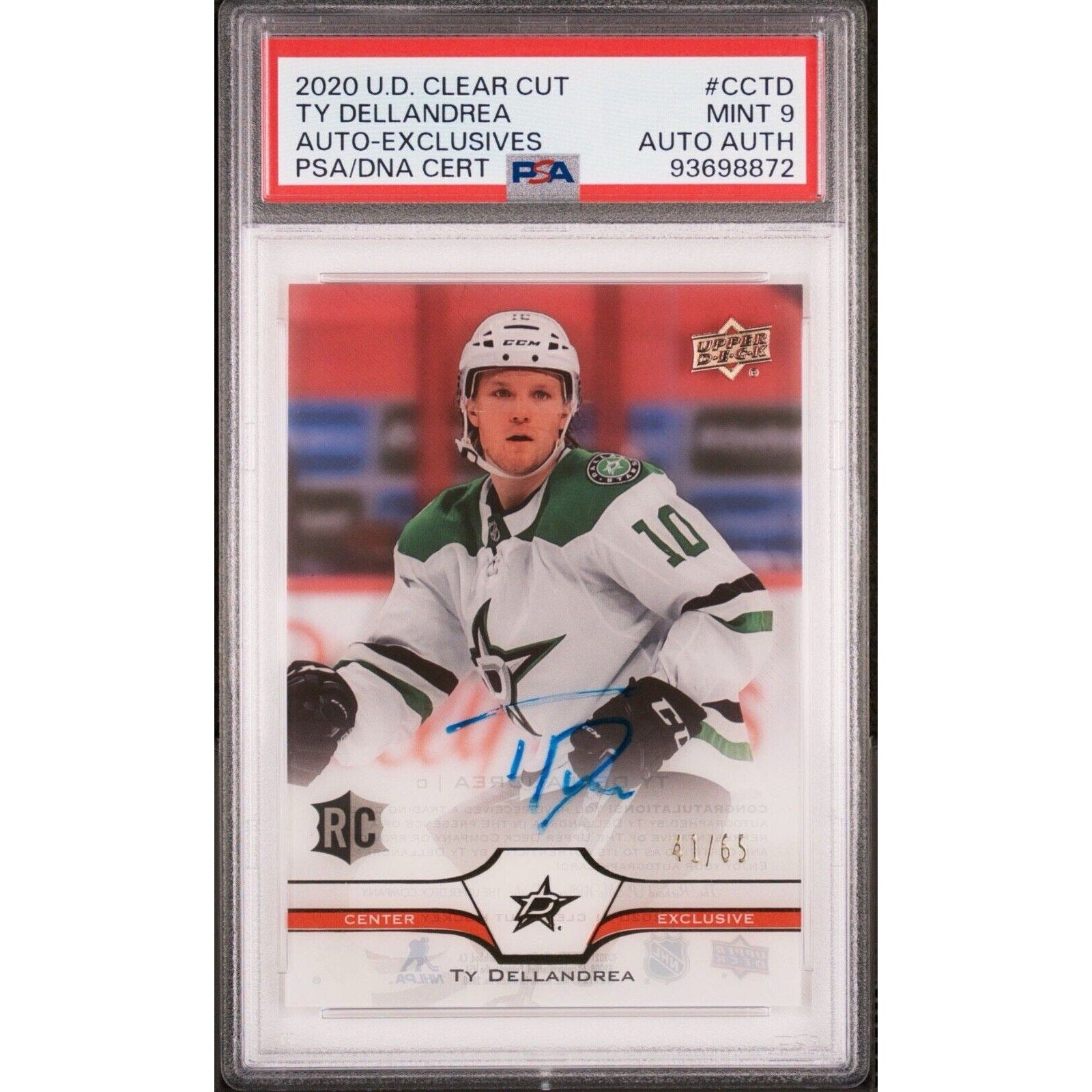 2020-21 Upper Deck Clear Cut Rookie Auto Ty Dellandrea Dallas Stars PSA 9