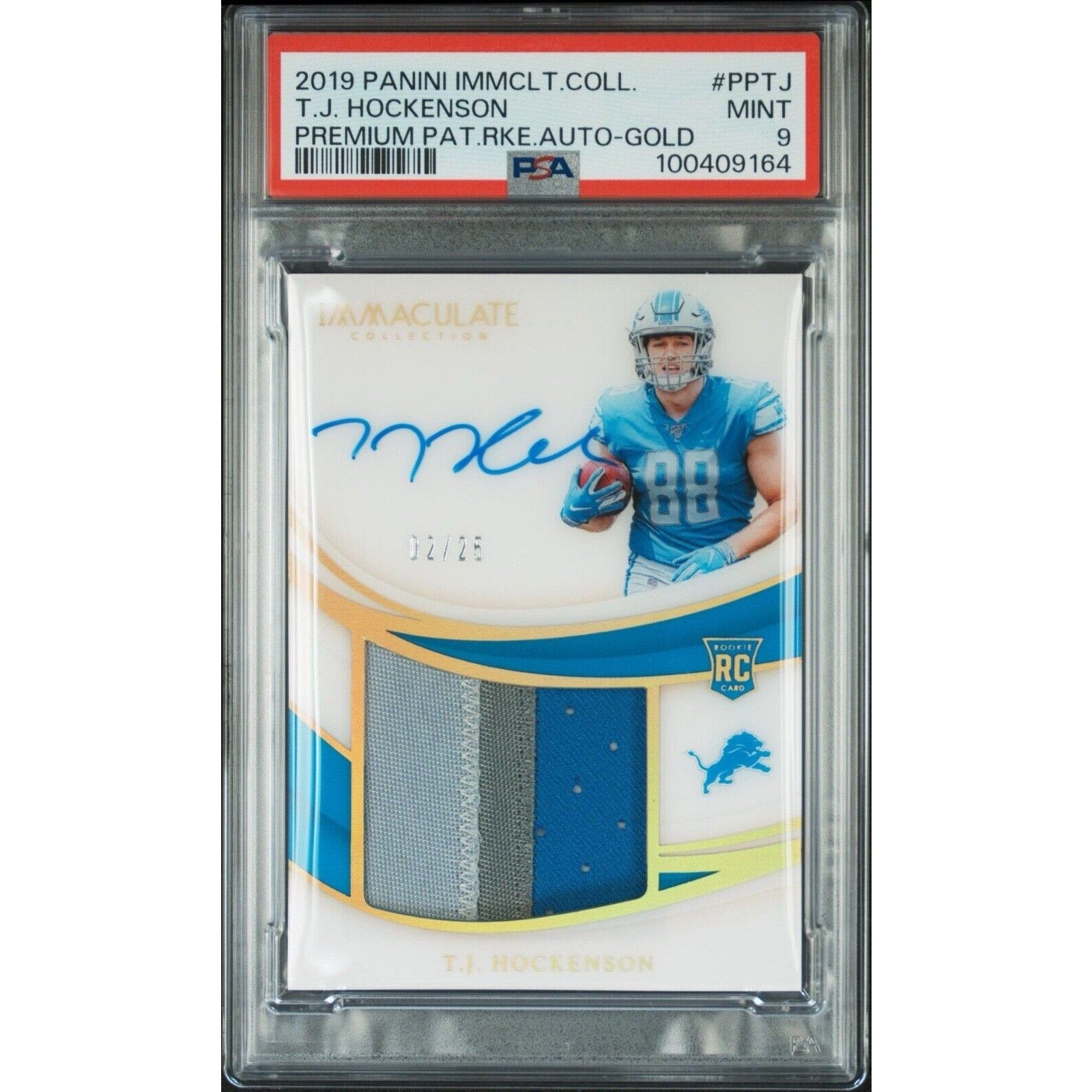 2019 Panini Immaculate T. J. Hockenson Rookie Patch Auto RPA RC /25 PSA 9 Gold