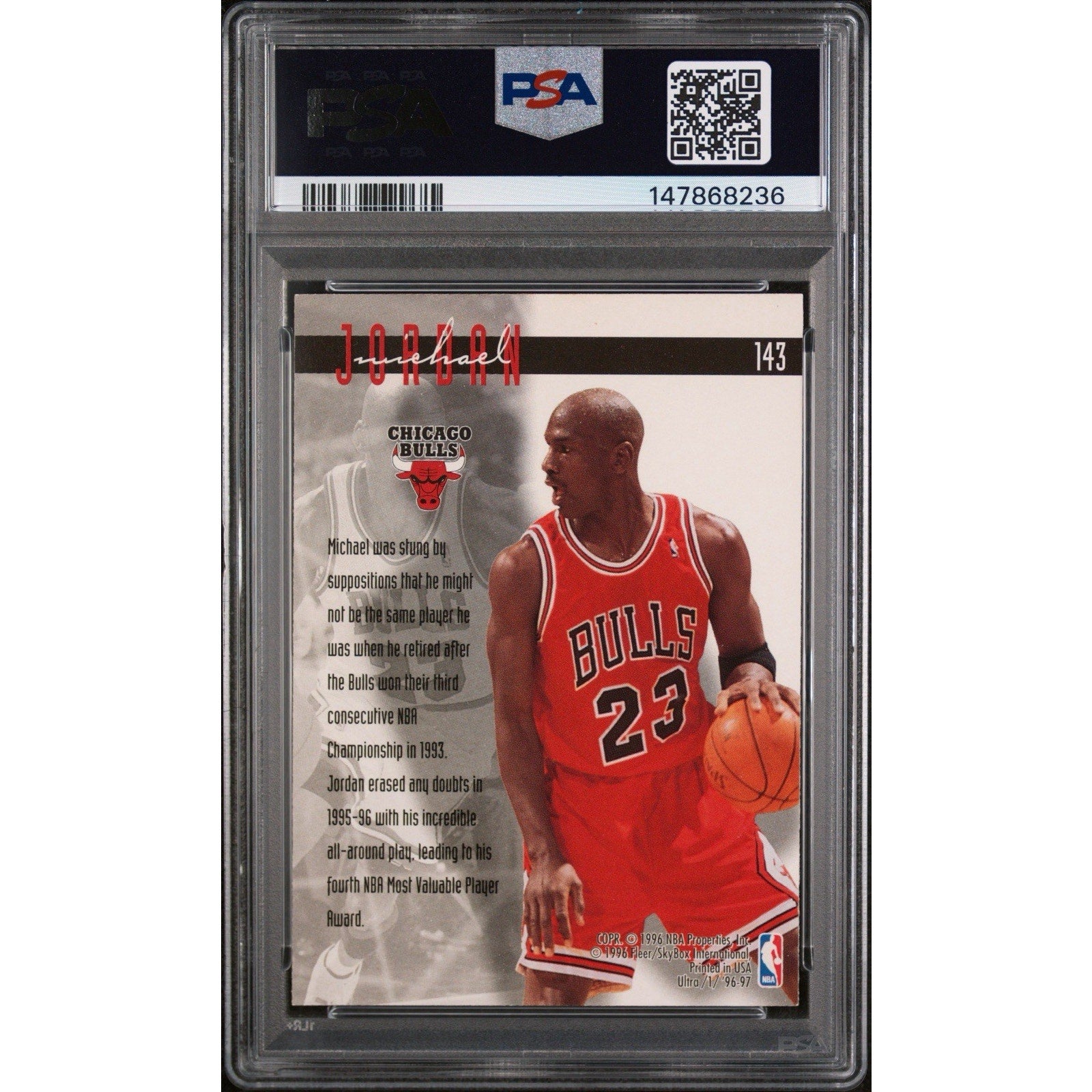 1996 Ultra Michael Jordan #143 PSA 8 Near Mint basketball card back featuring career statistics and player information