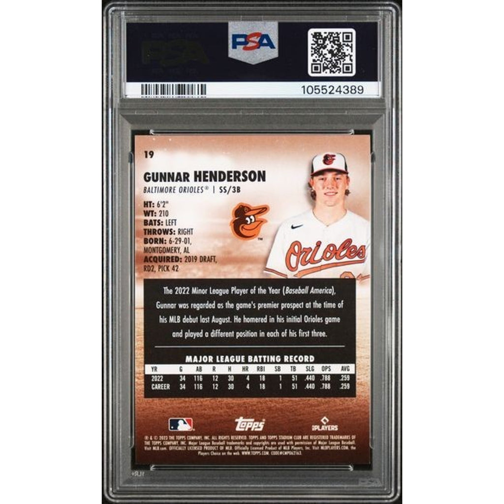 Back of 2023 Topps Stadium Club #19 Gunnar Henderson rookie card in PSA 10 Gem Mint slab