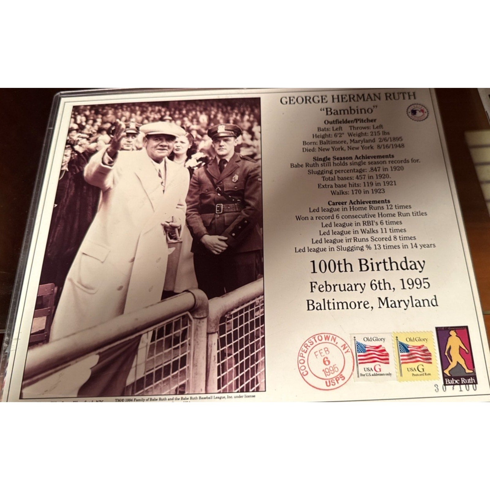 Babe Ruth Bambino 100th Birthday Poster with Stamps USA Baltimore 1995 /100