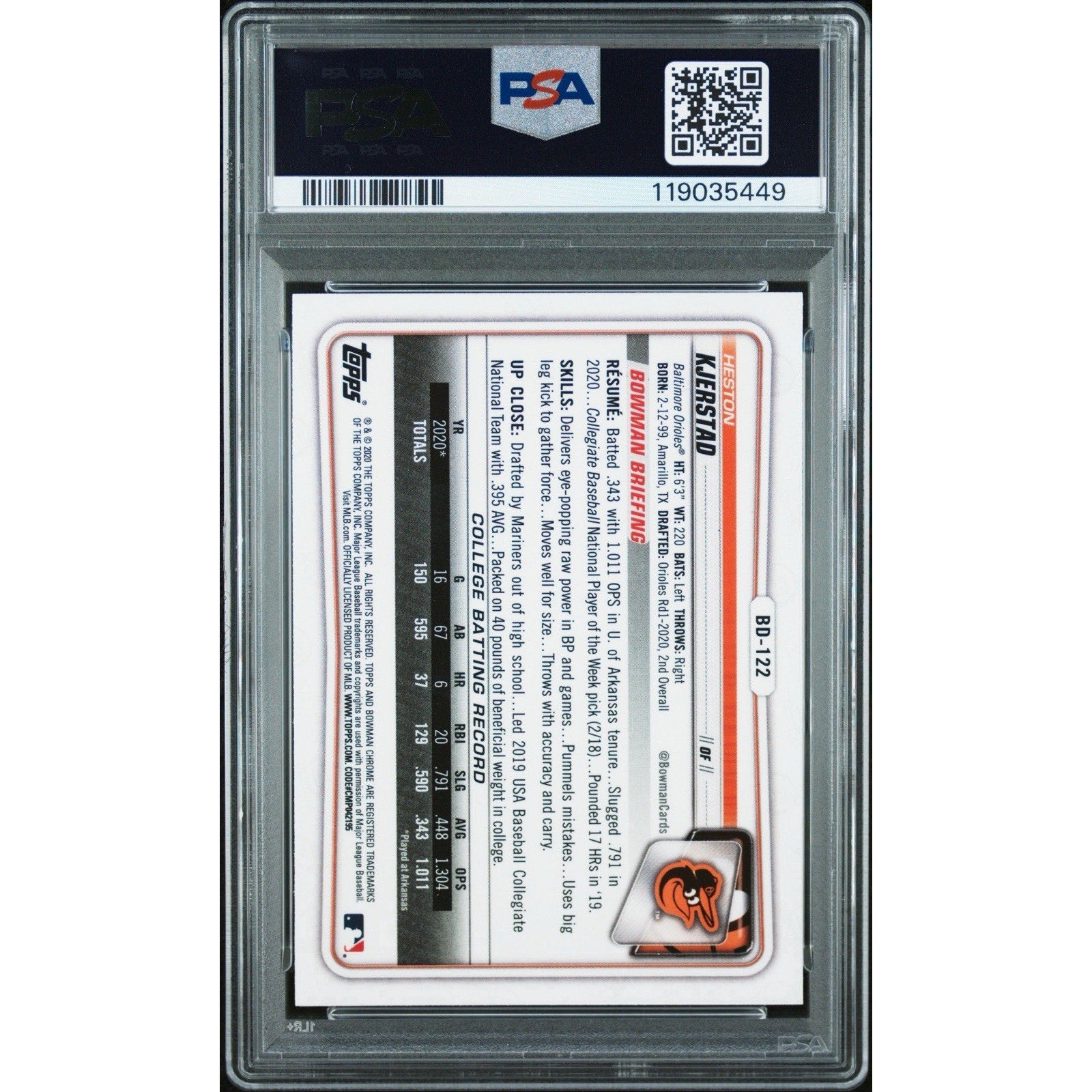 2020 Bowman Chrome Heston Kjerstad Autograph PSA 10 GEM MT Orioles DNA 9 Rookie RC