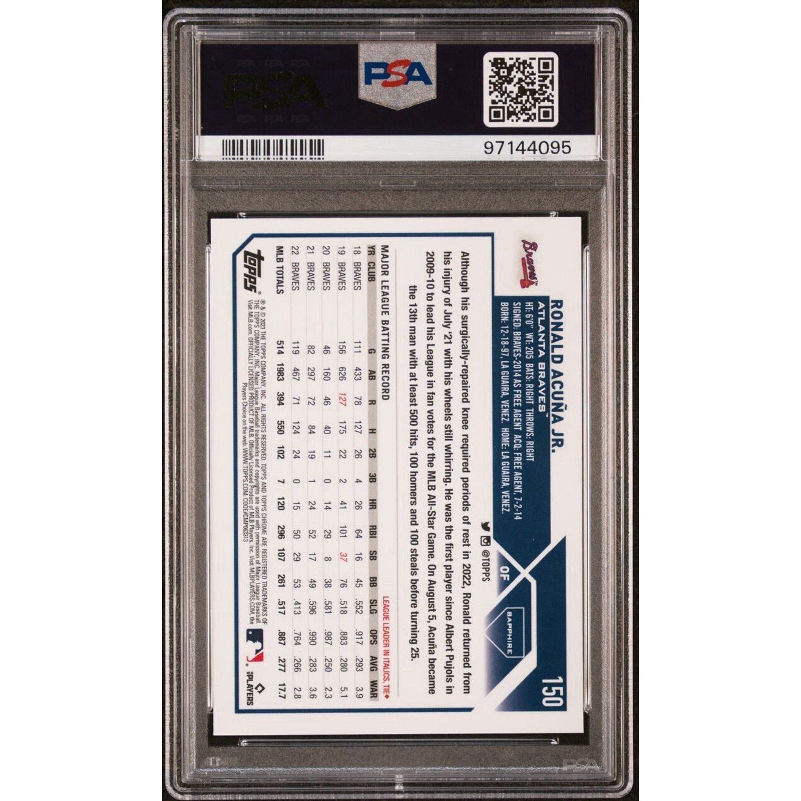 2023 Topps Chrome Sapphire #150 Ronald Acuna Jr. Braves PSA 10 Gem Mint
