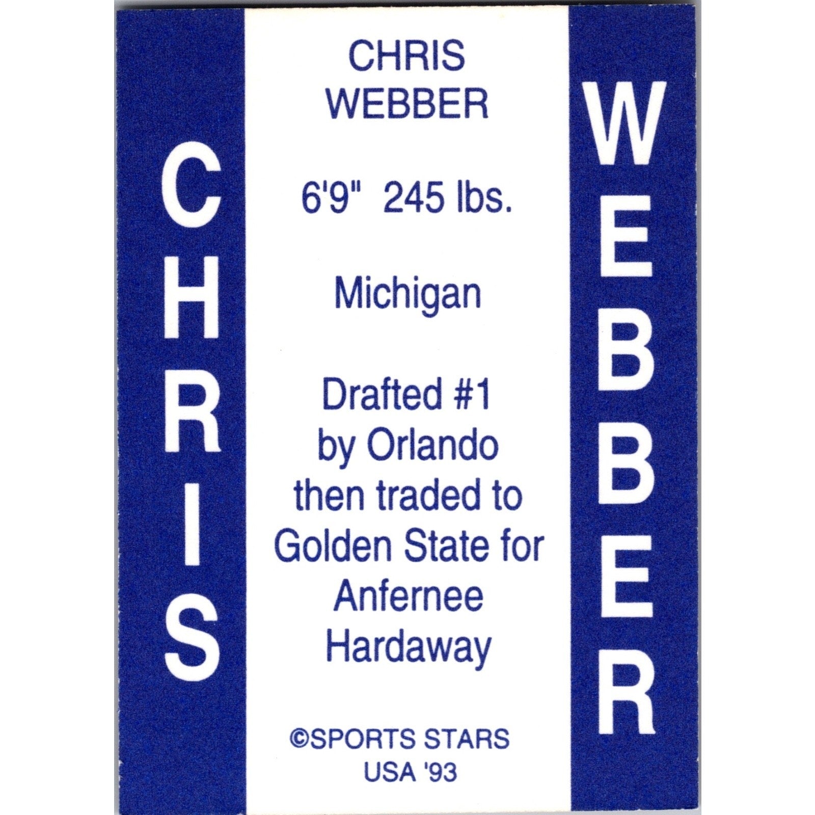 Chris Webber 1993 Sports Stars USA Top Draft Picks Gold Signature Mint Michigan