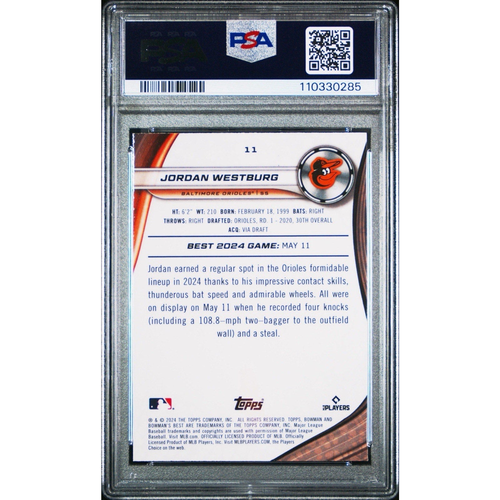 2024 Bowman's Best Jordan Westburg RC Gold Lava Refractor #42/50 Orioles PSA 9