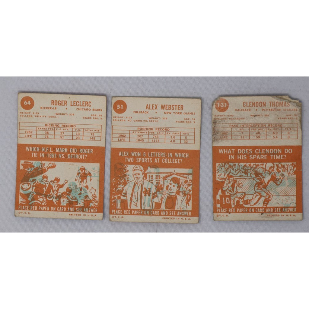 Lot Of 3 Topps 1963 Football Cards Alex Webster