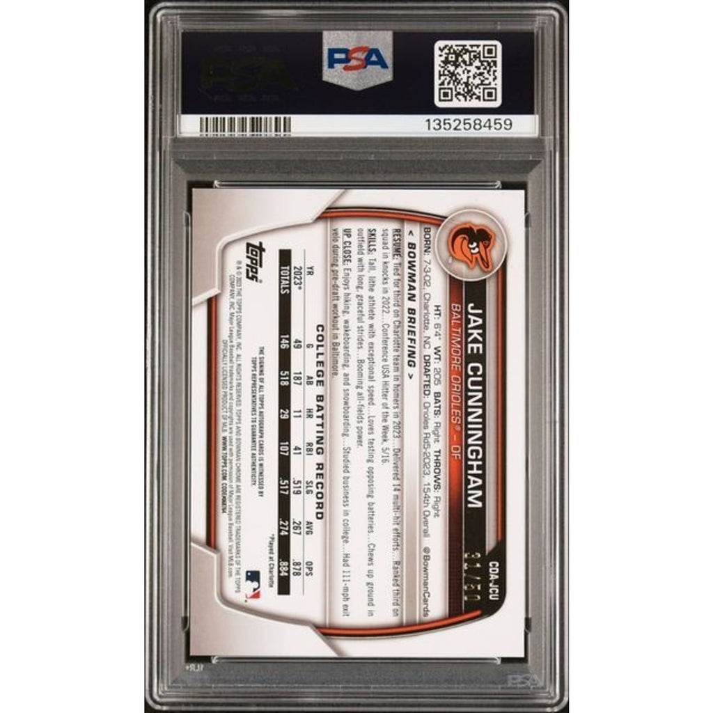 Jake Cunningham 2023 Bowman Chrome Draft Gold Shimmer Prospect Autograph /50 PSA 9