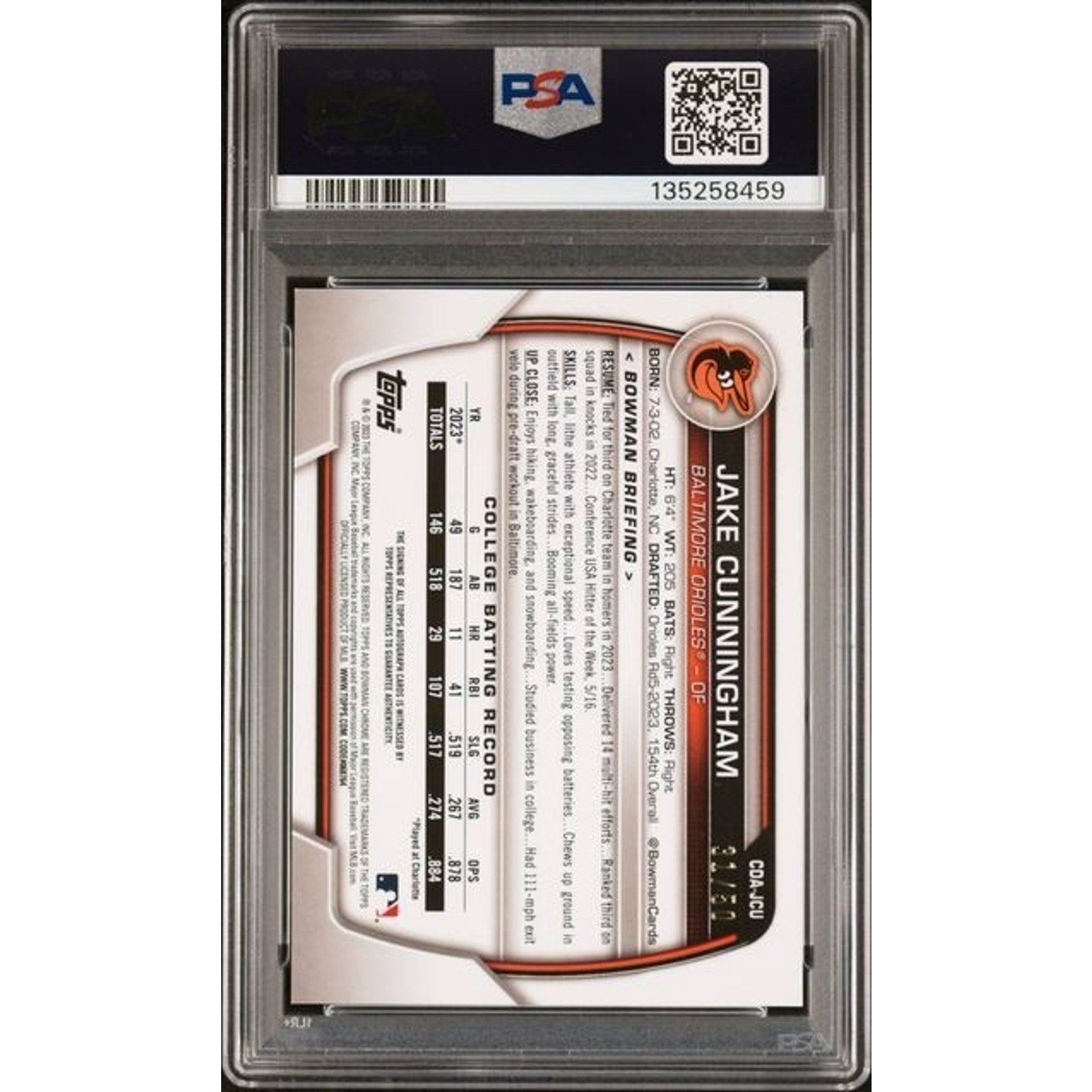 Jake Cunningham 2023 Bowman Chrome Draft Gold Shimmer Prospect Autograph /50 PSA 9