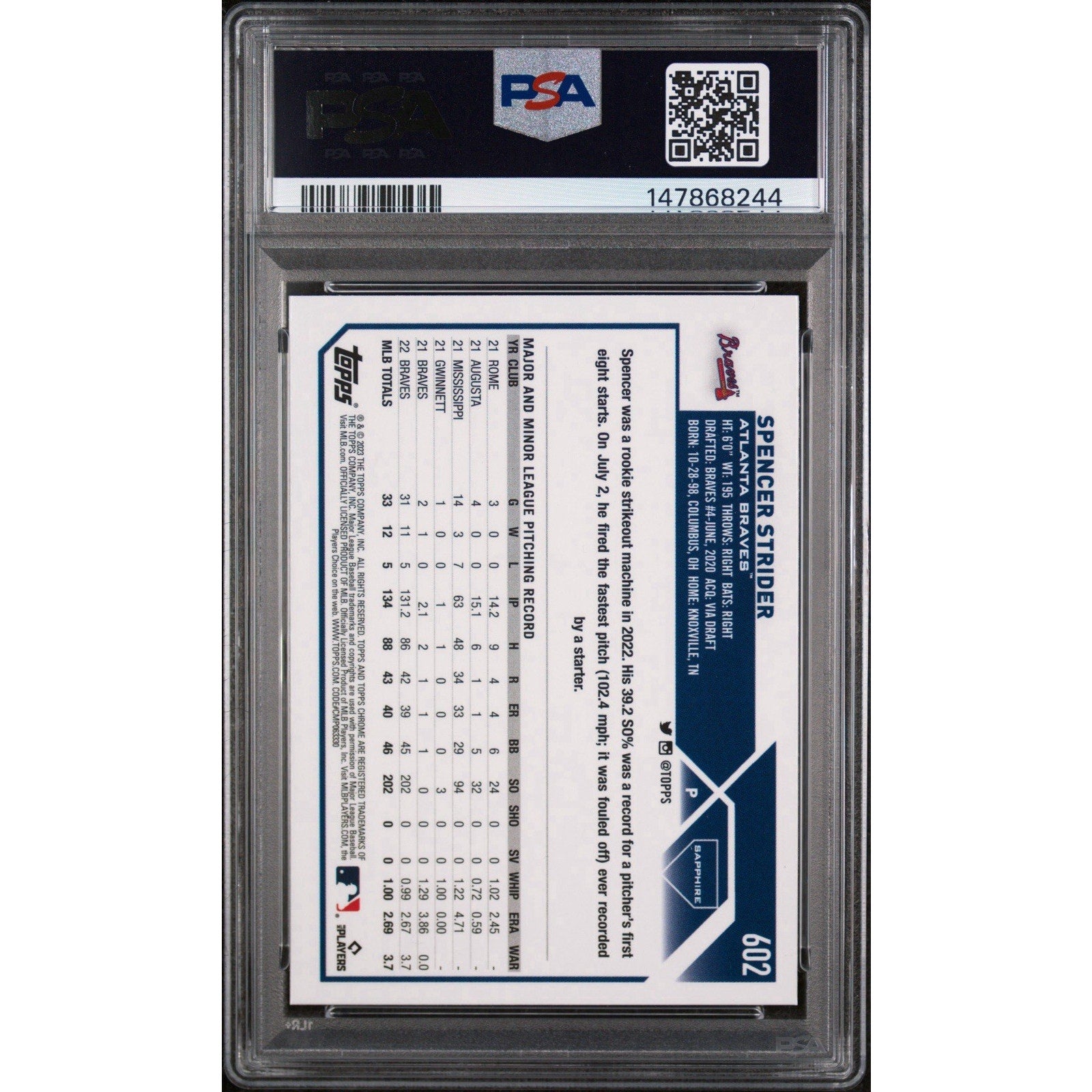 2023 Topps Chrome Sapphire Spencer Strider #602 PSA 10 Gem Mint card back featuring player statistics and career information
