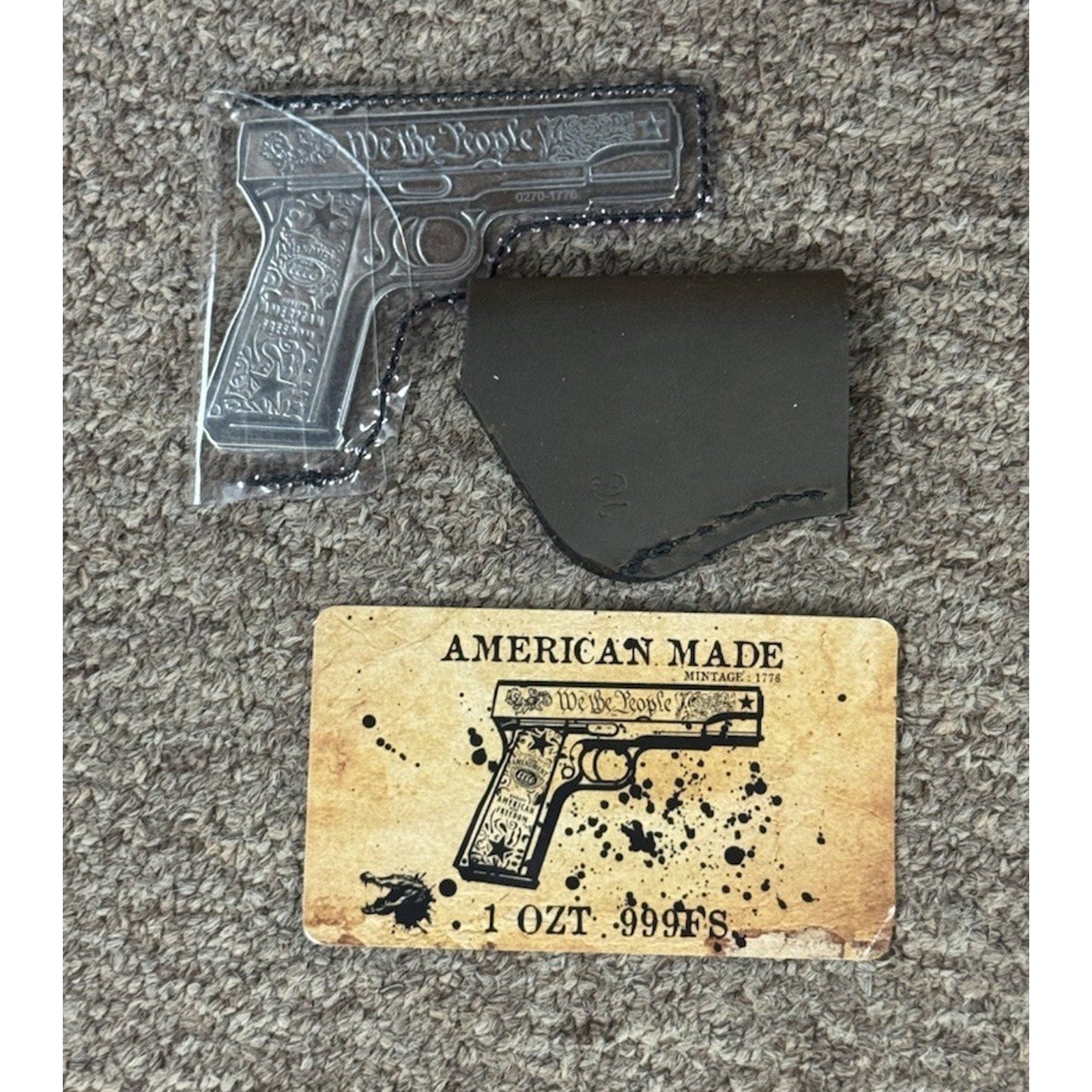 1 Ozt Silver Gun With Leather Holster Mintage Of 1776 Made In USA We The People