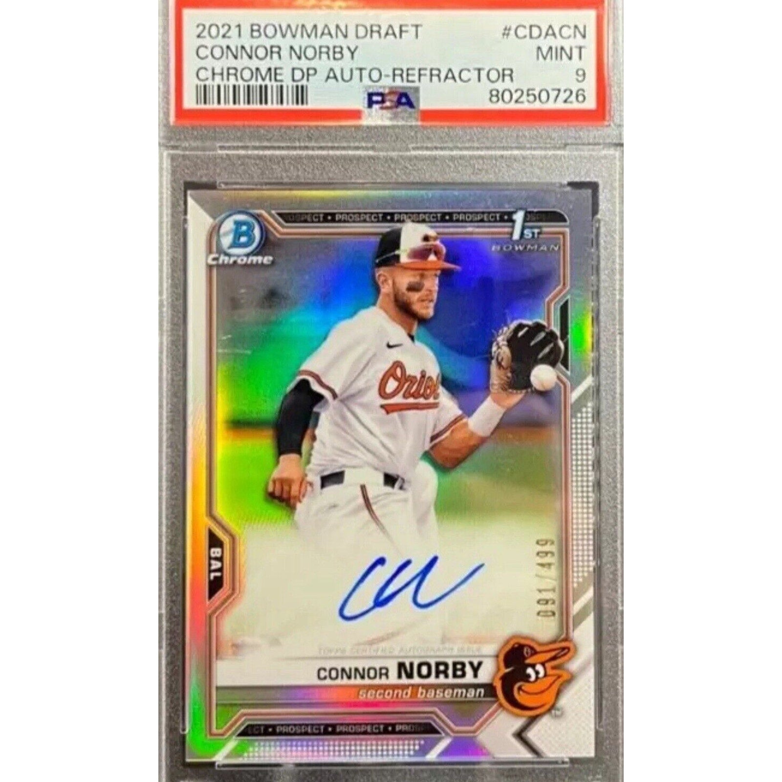 2021 Bowman Chrome Draft Connor Norby 1st Rookie Refractor Auto #d 91/499 PSA 9