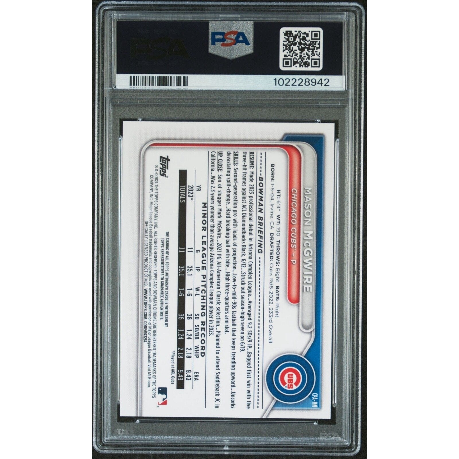 2024 Bowman Chrome Prospects Mason McGwire Auto #CPAMM PSA 9 Cubs Rookie RC